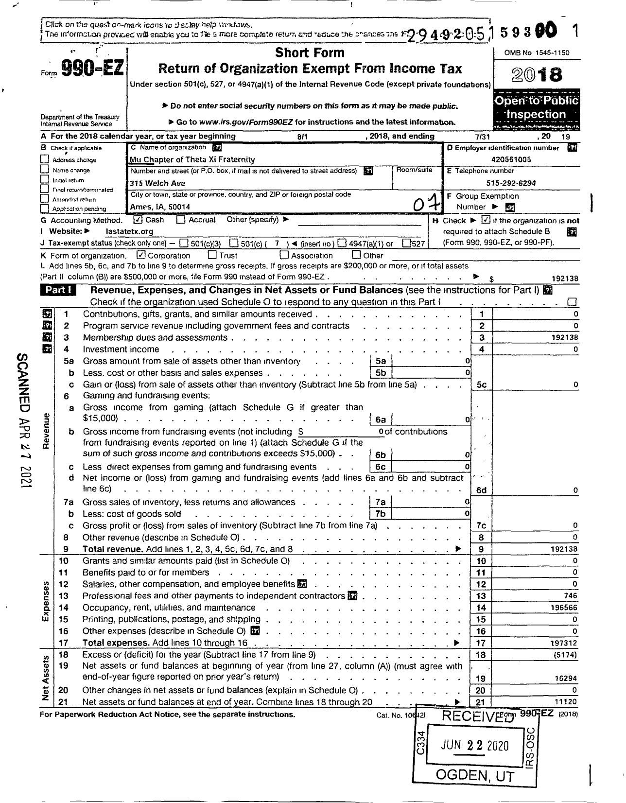 Image of first page of 2018 Form 990EO for Theta Xi Fraternity - 112 Mu Chapter
