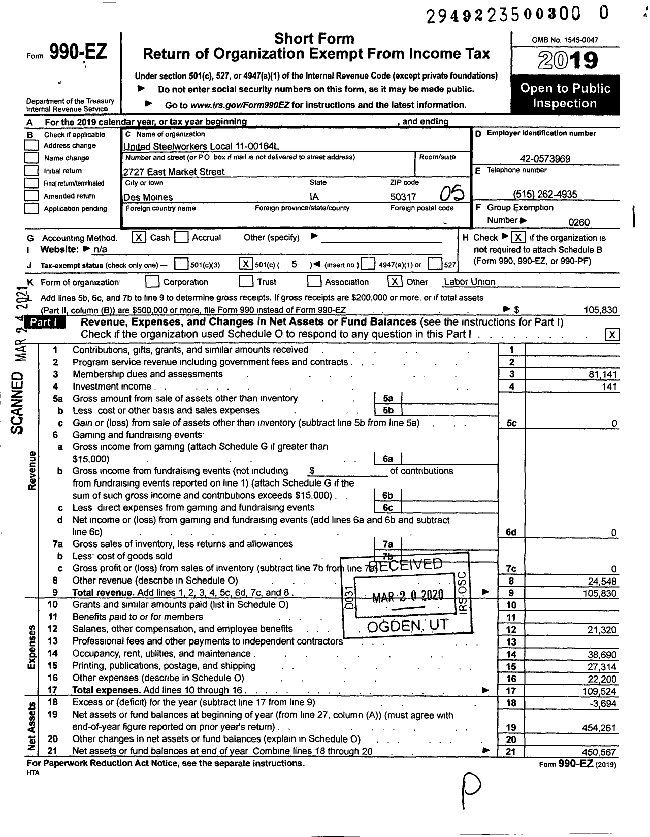 Image of first page of 2019 Form 990EO for United Steelworkers - 00164l Local