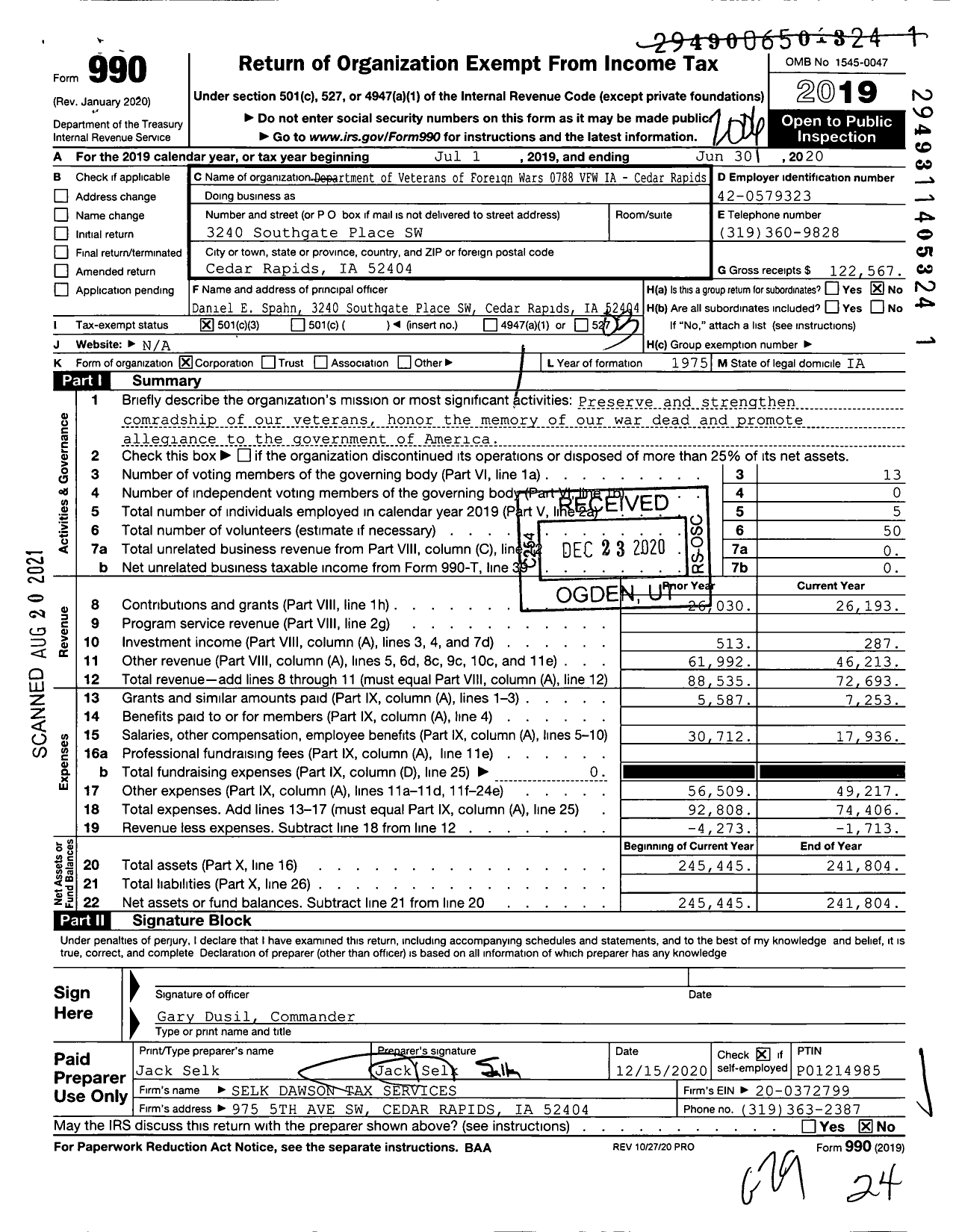 Image of first page of 2019 Form 990 for Veterans of Foreign Wars of the United States Dept of Iowa - 0788 VFW Iowa-Patrick J Shanahan