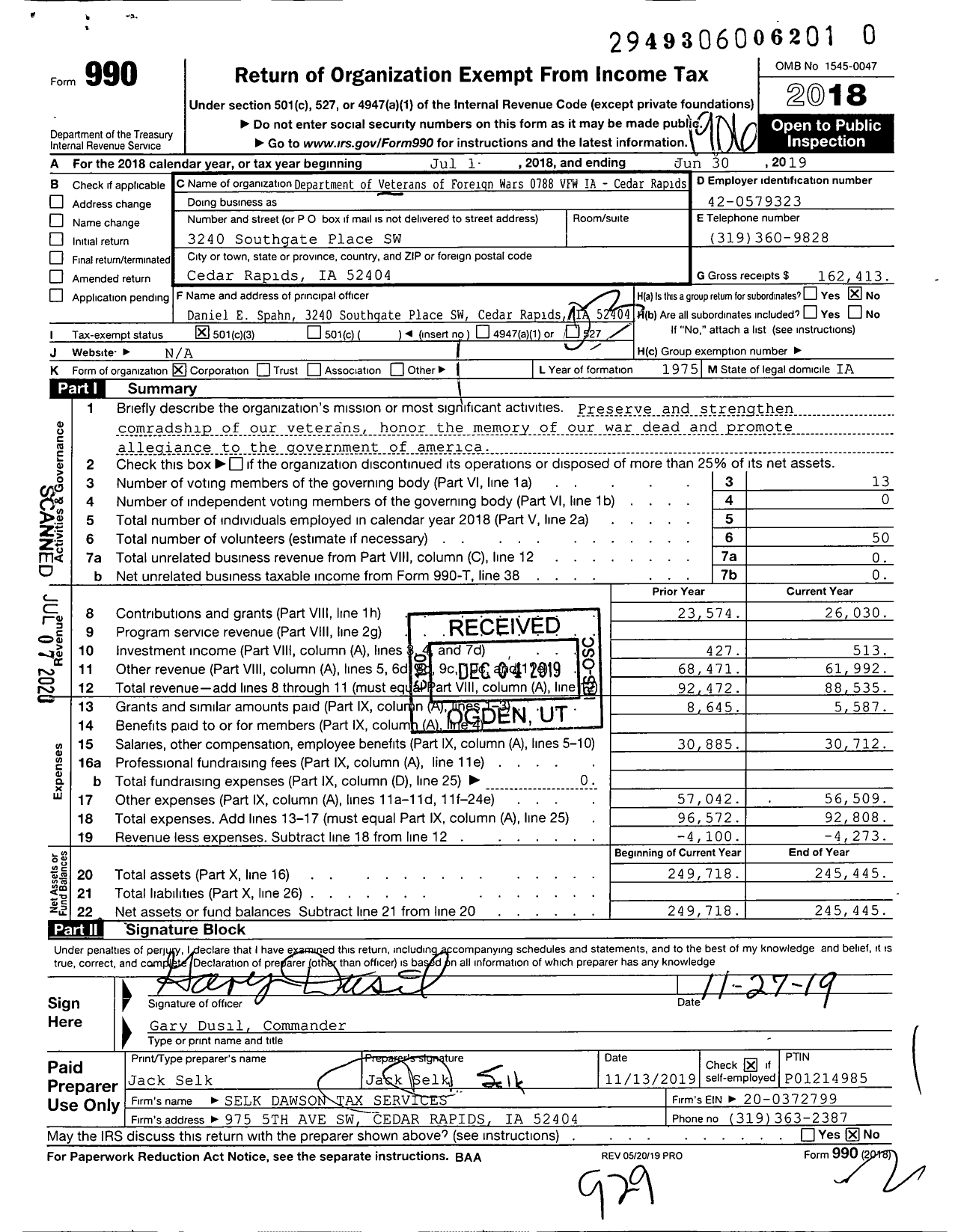 Image of first page of 2018 Form 990 for Veterans of Foreign Wars of the United States Dept of Iowa - 0788 VFW Iowa-Patrick J Shanahan