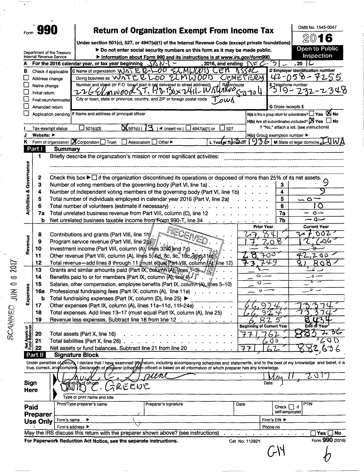 Image of first page of 2016 Form 990O for Waterloo Elmwood Cem Association
