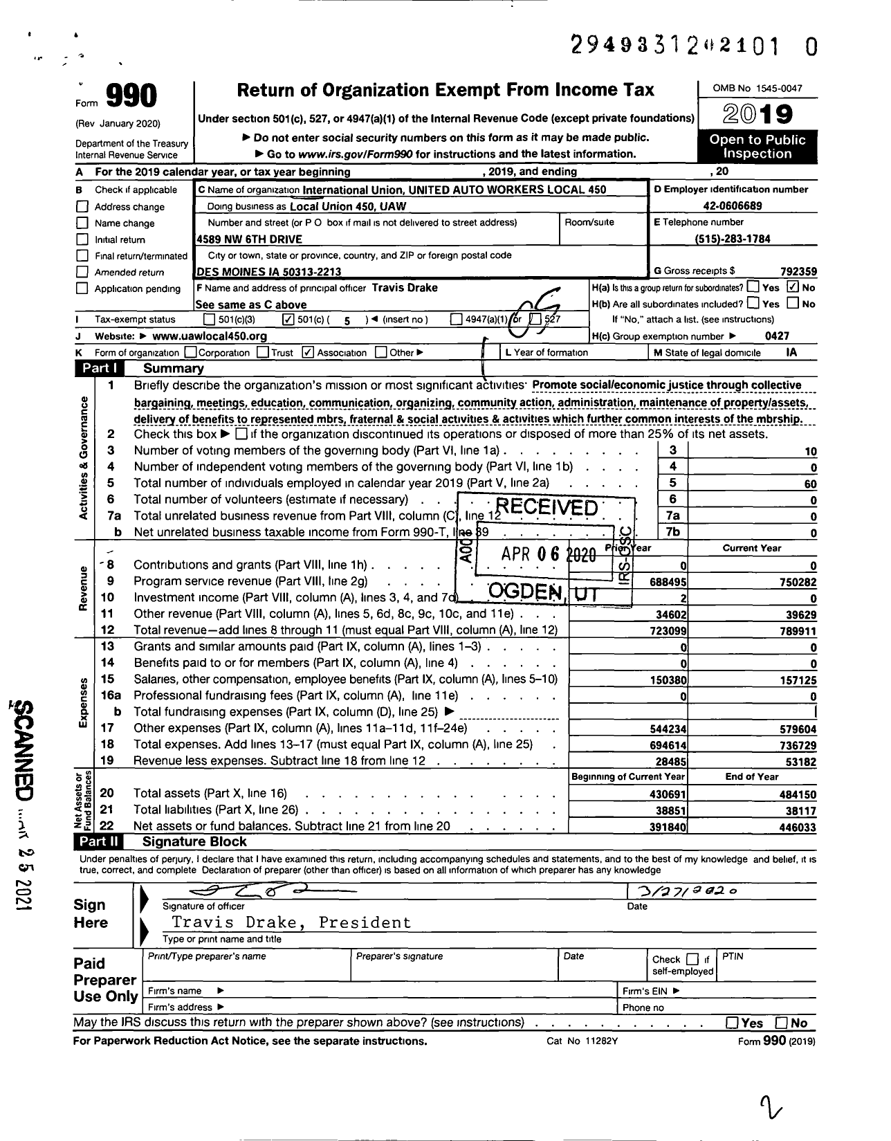 Image of first page of 2019 Form 990O for UAW - International Union UNITED Auto WORKERS Local 450