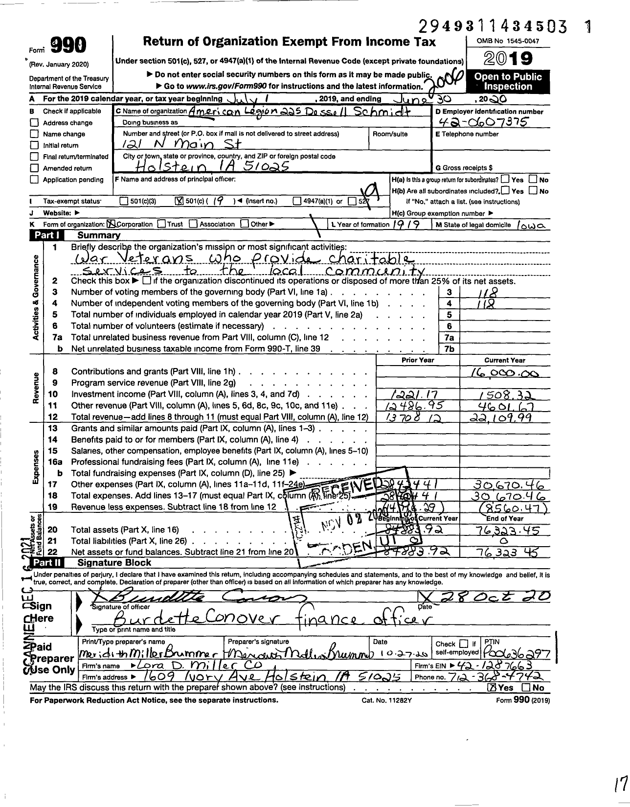 Image of first page of 2019 Form 990O for American Legion - 225 Dessel Smidt