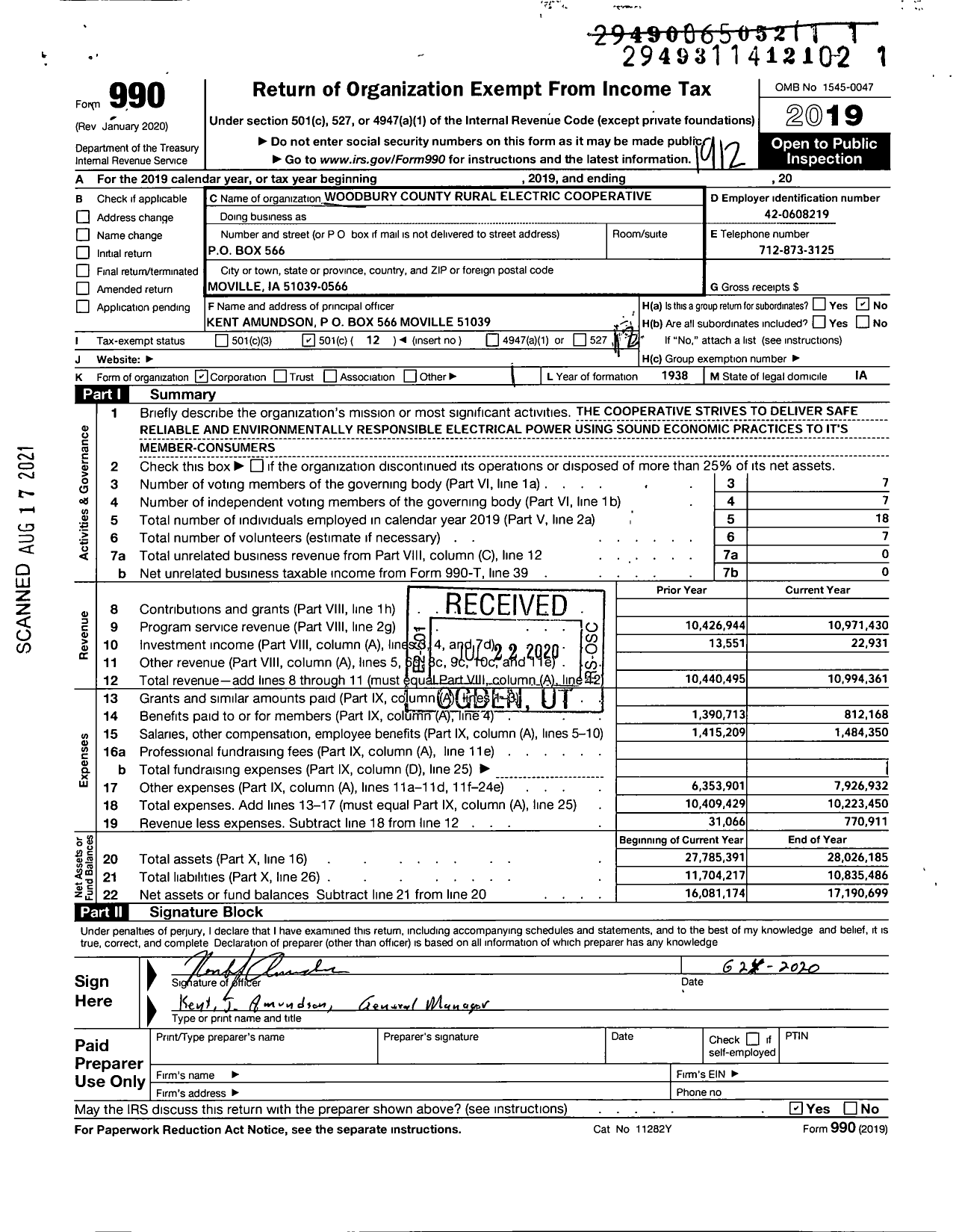 Image of first page of 2019 Form 990O for Woodbury County Rural Electric Cooperative