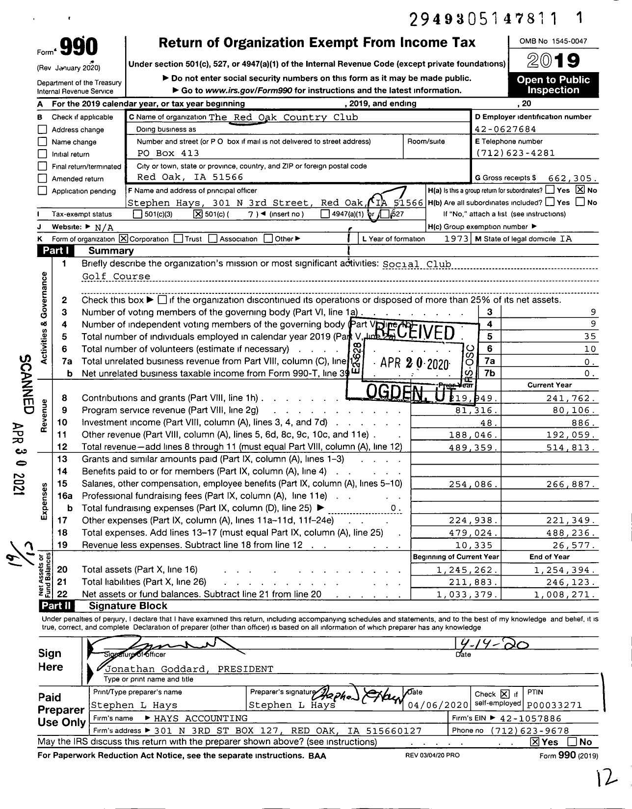 Image of first page of 2019 Form 990O for The Red Oak Country Club