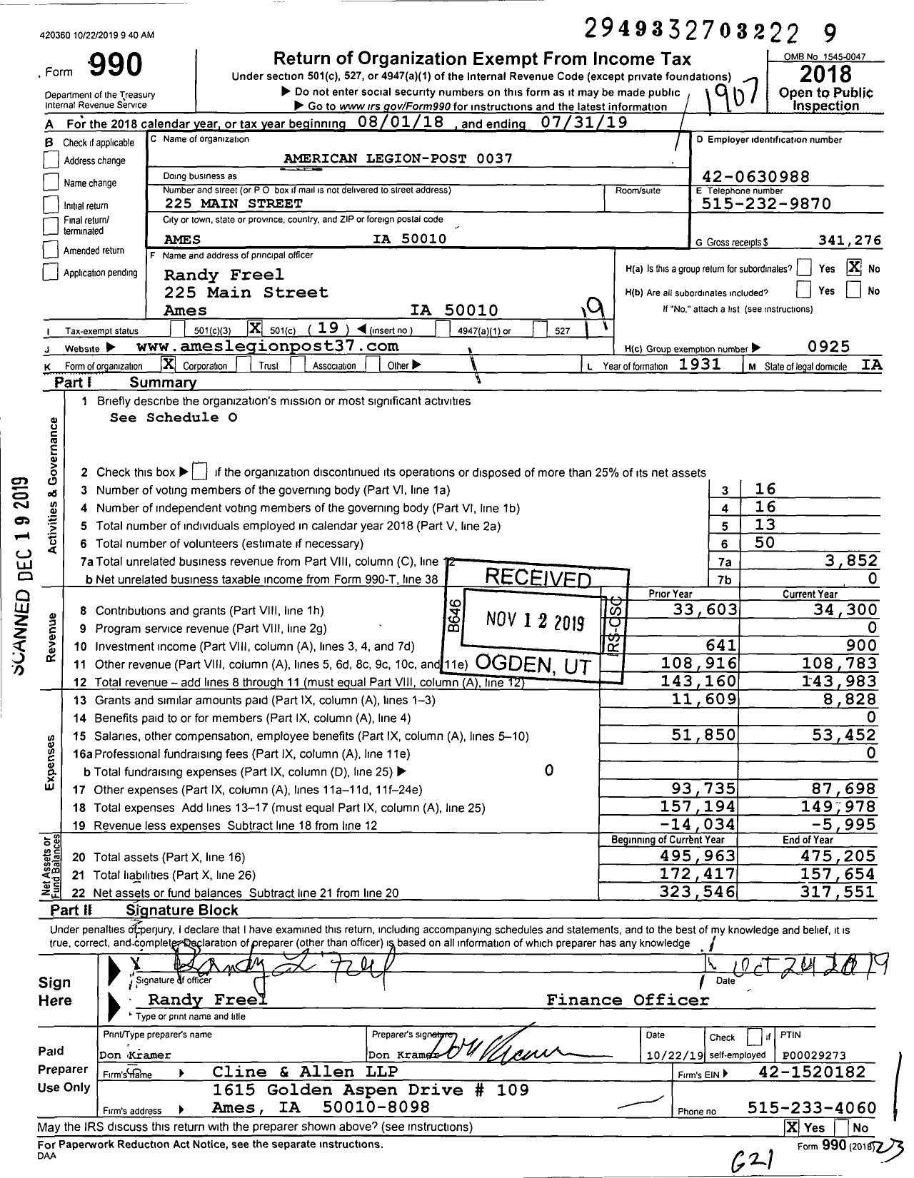 Image of first page of 2018 Form 990O for American Legion - 37 Ames