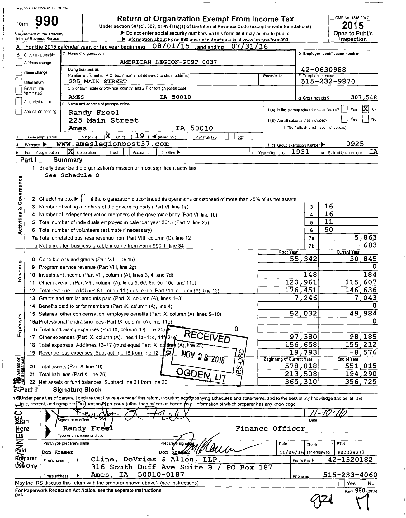 Image of first page of 2015 Form 990O for American Legion - 37 Ames