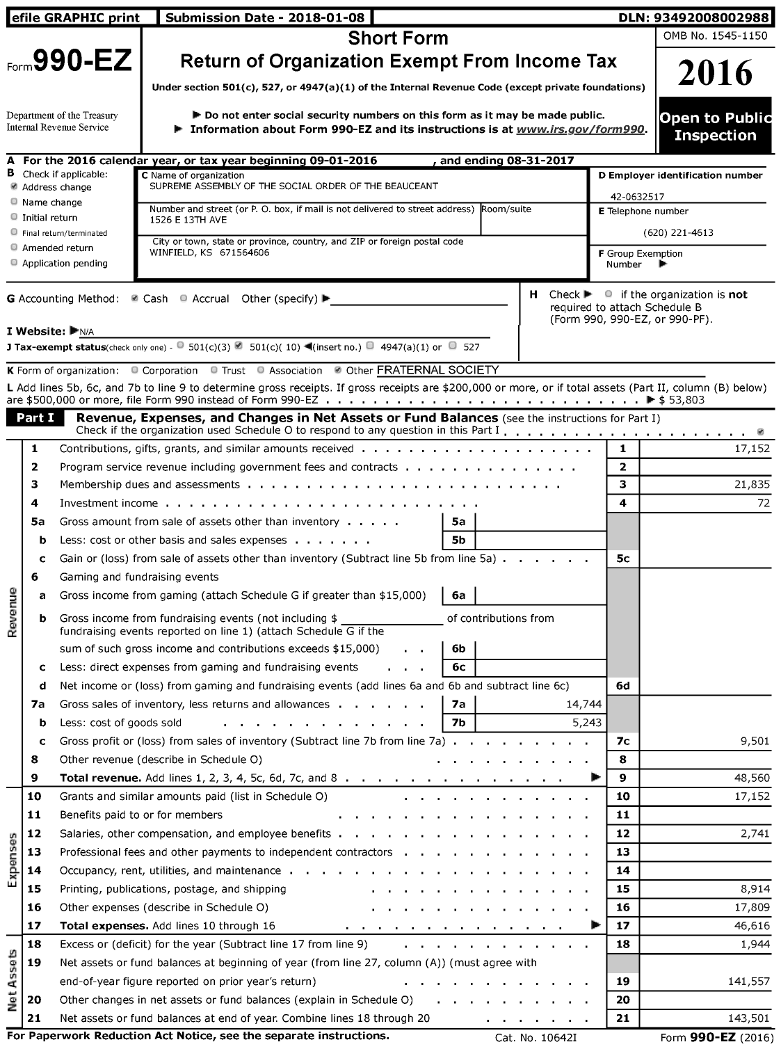 Image of first page of 2016 Form 990EZ for Supreme Assembly of the Social Order of the Beauceant