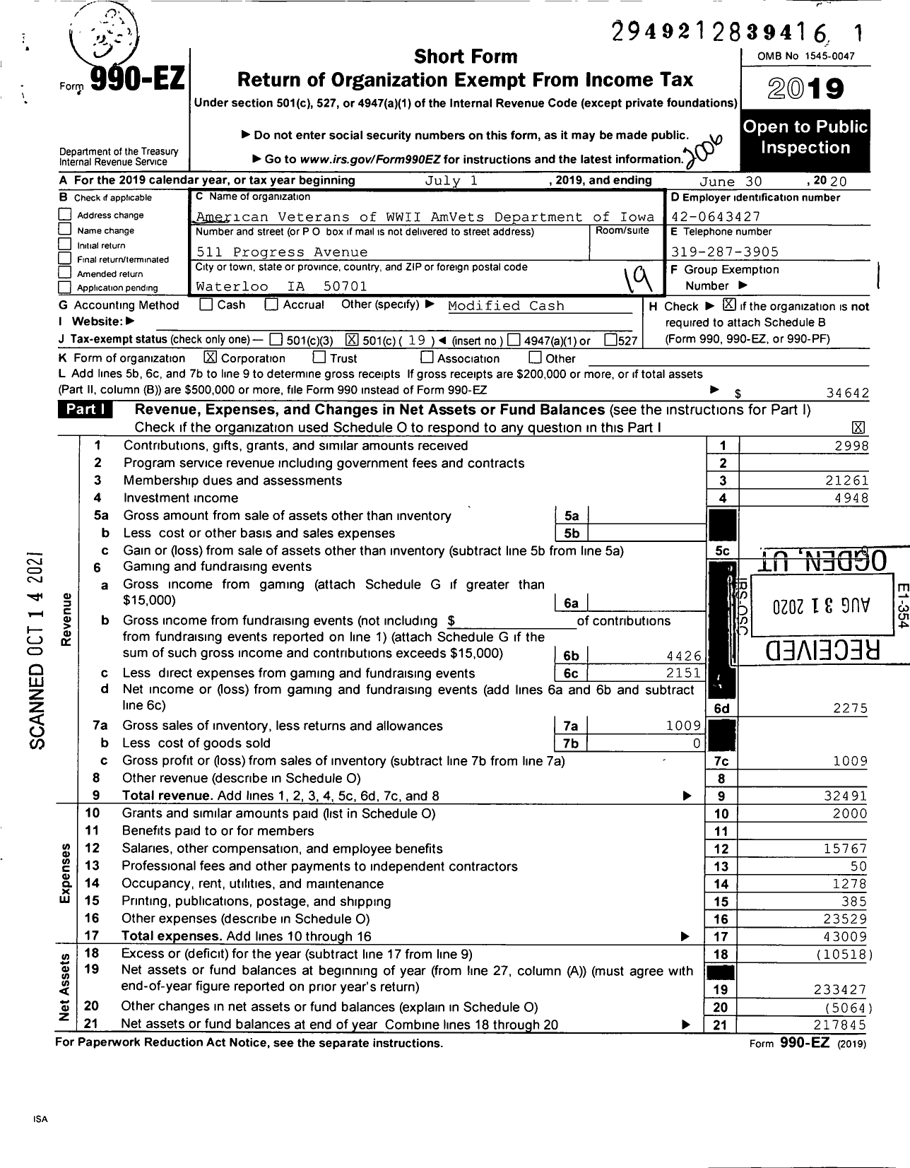 Image of first page of 2019 Form 990EO for Amvets - Ia-0025