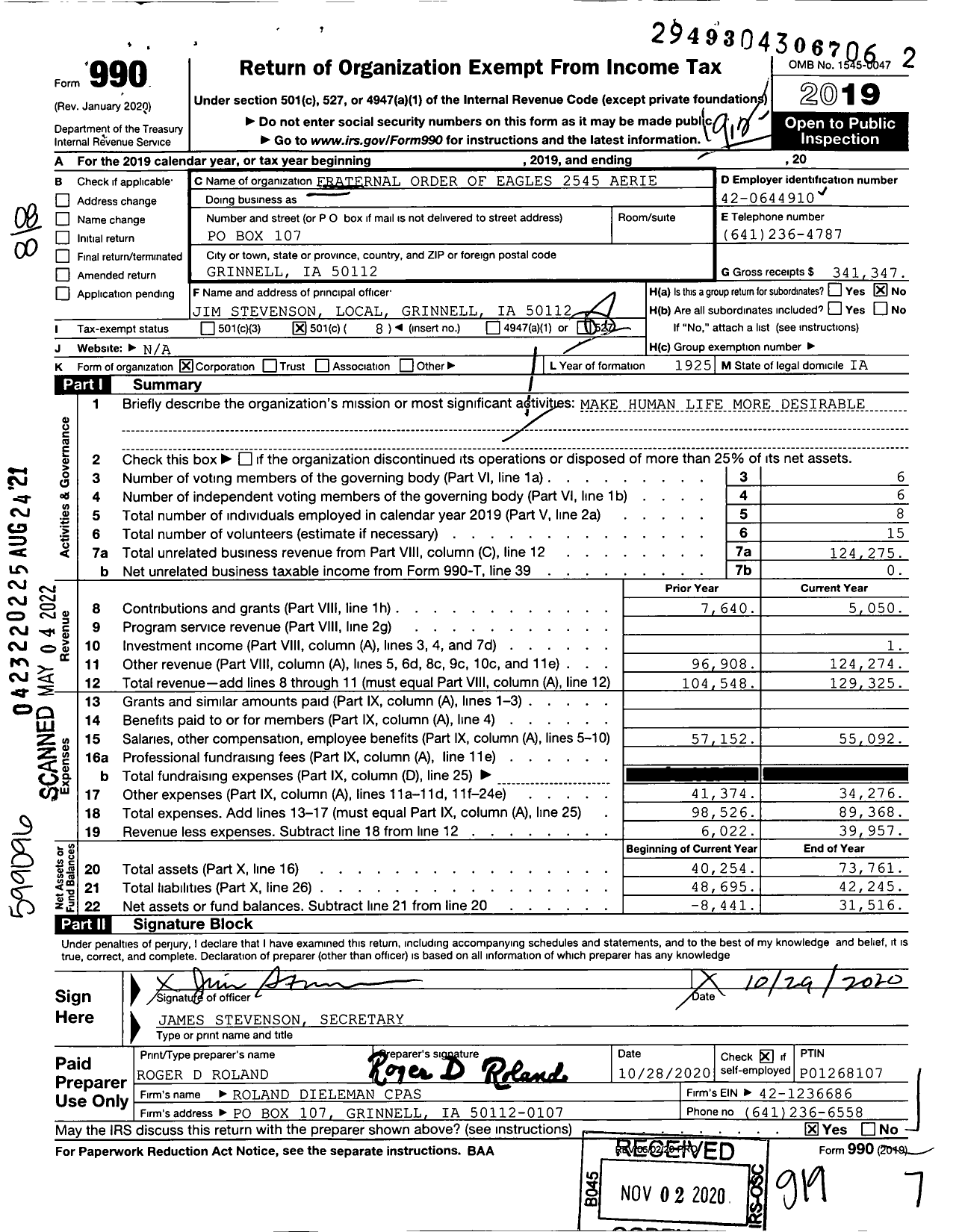 Image of first page of 2019 Form 990O for Fraternal Order of Eagles - 2545 Aerie