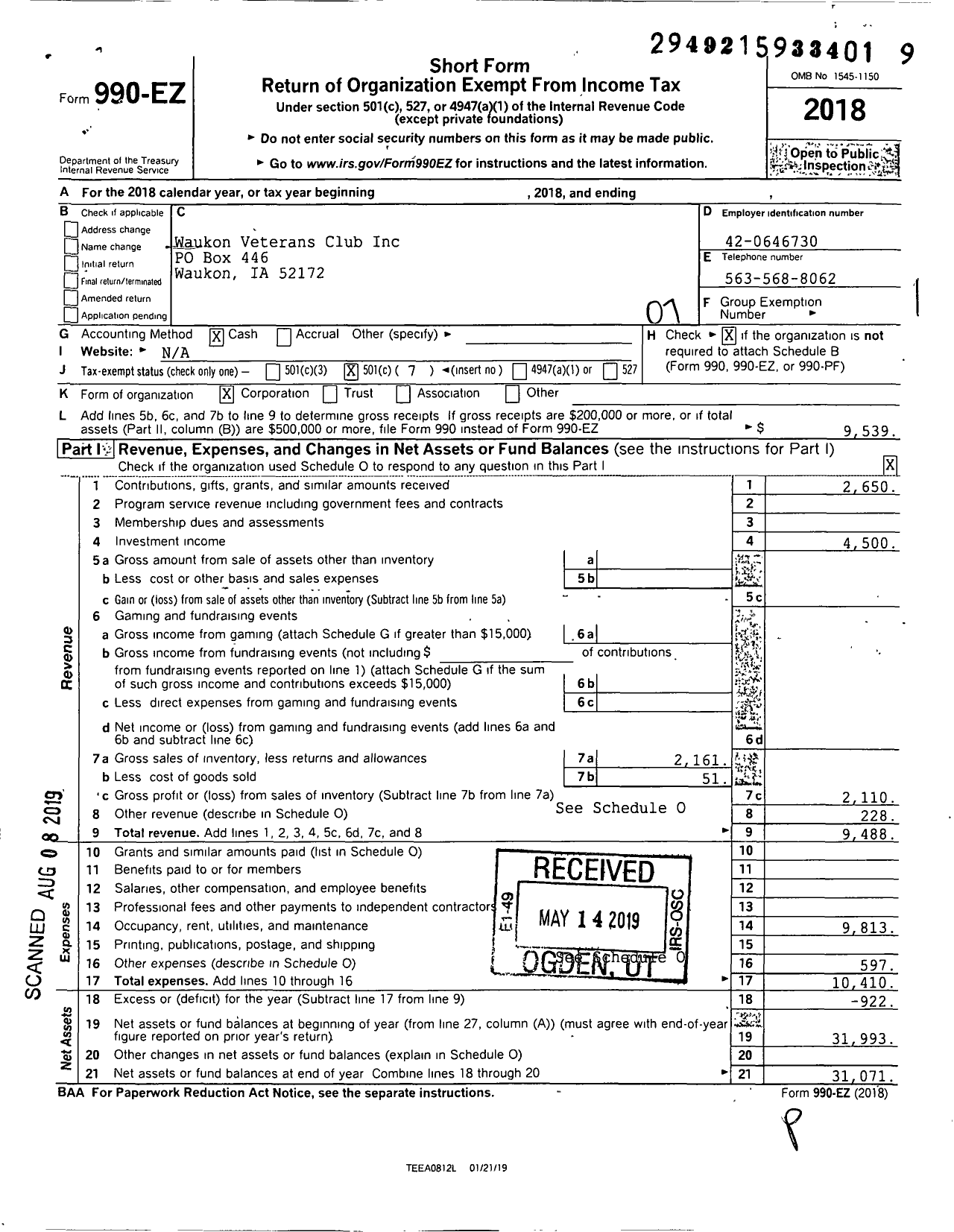 Image of first page of 2018 Form 990EO for Waukon Veterans Club