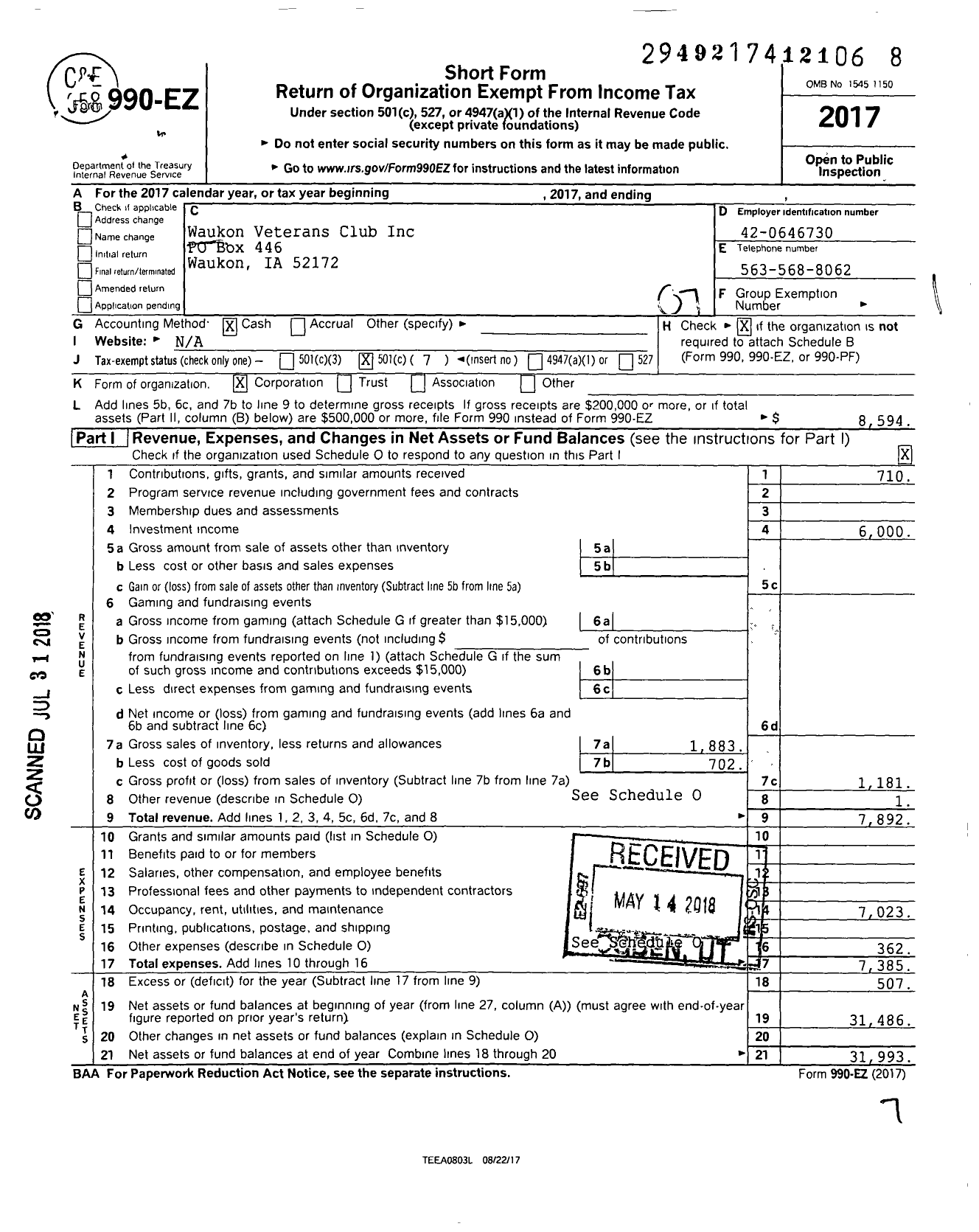 Image of first page of 2017 Form 990EO for Waukon Veterans Club