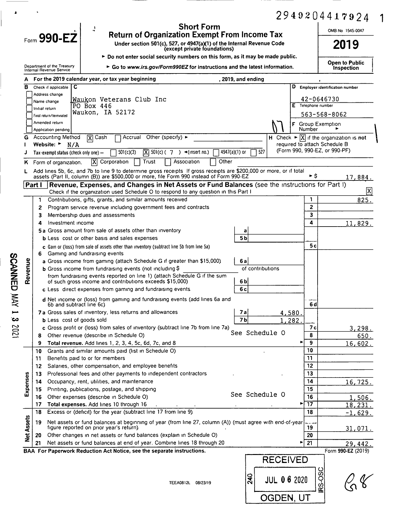 Image of first page of 2019 Form 990EO for Waukon Veterans Club