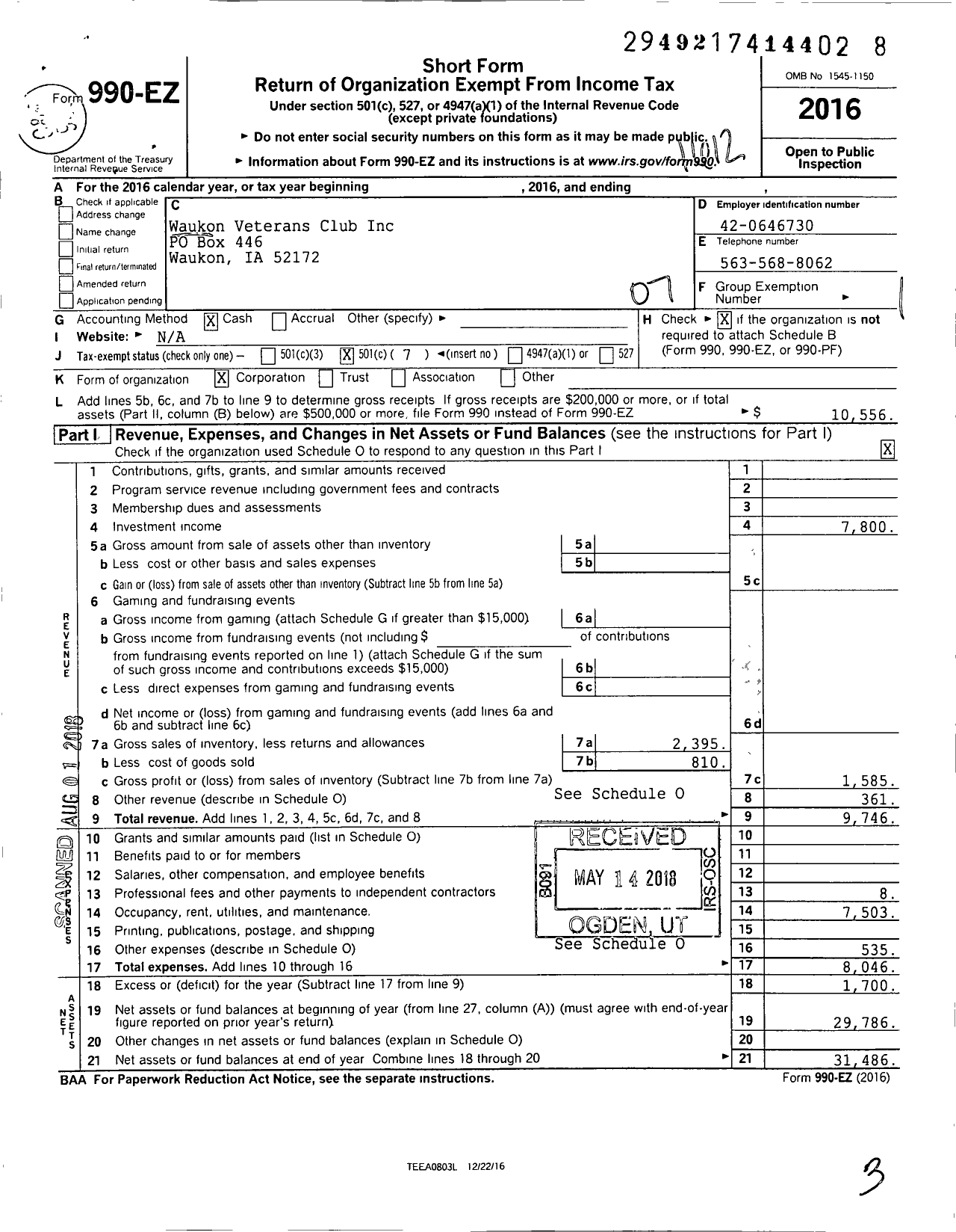 Image of first page of 2016 Form 990EO for Waukon Veterans Club