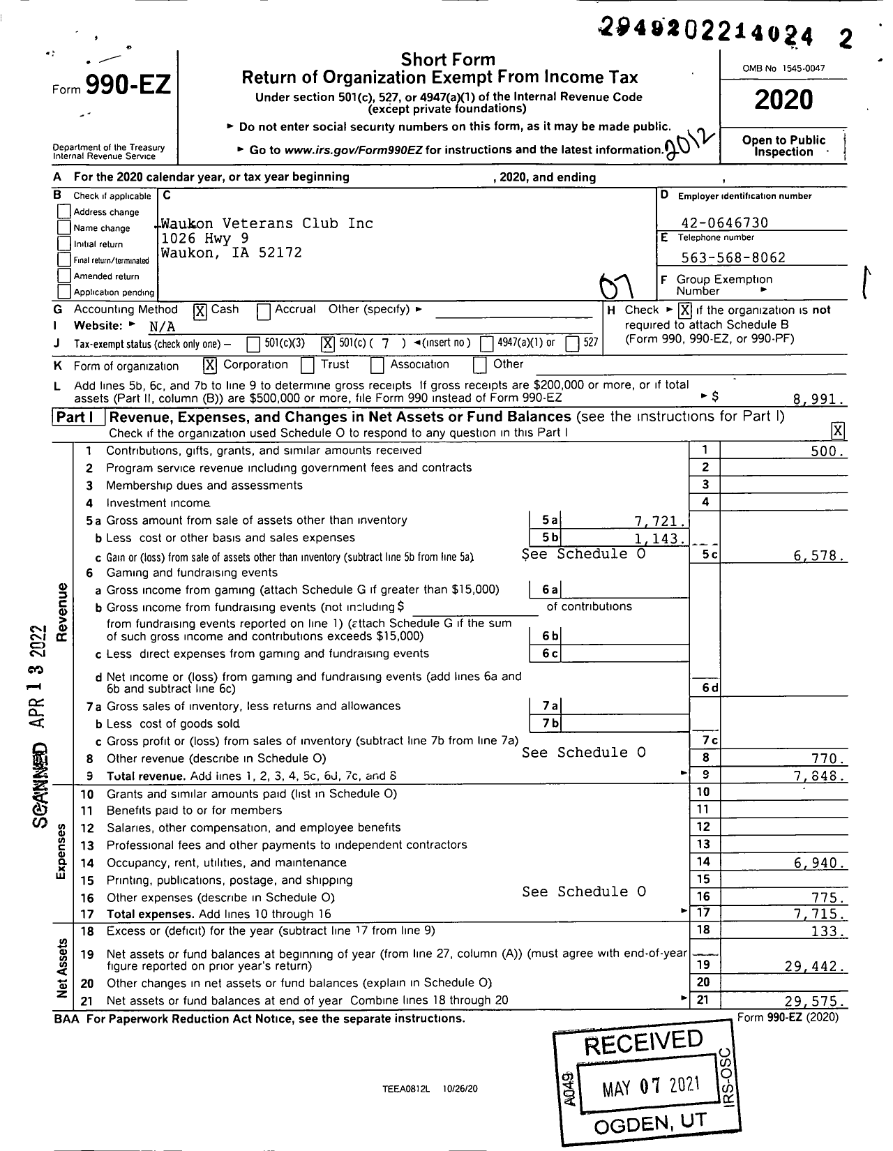 Image of first page of 2020 Form 990EO for Waukon Veterans Club