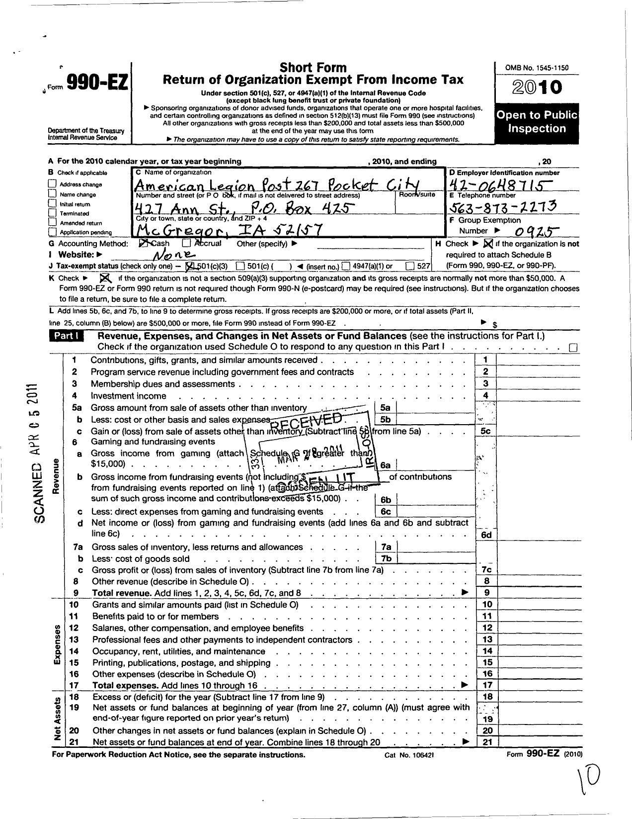 Image of first page of 2010 Form 990EZ for American Legion - 267