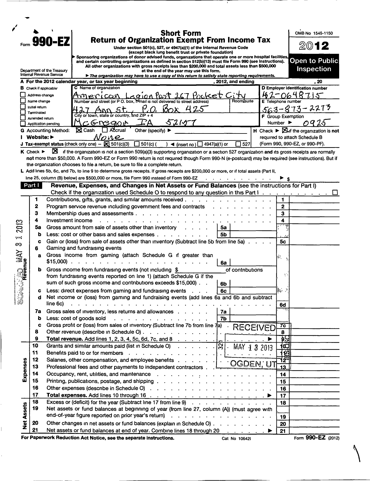 Image of first page of 2012 Form 990EZ for American Legion - 267