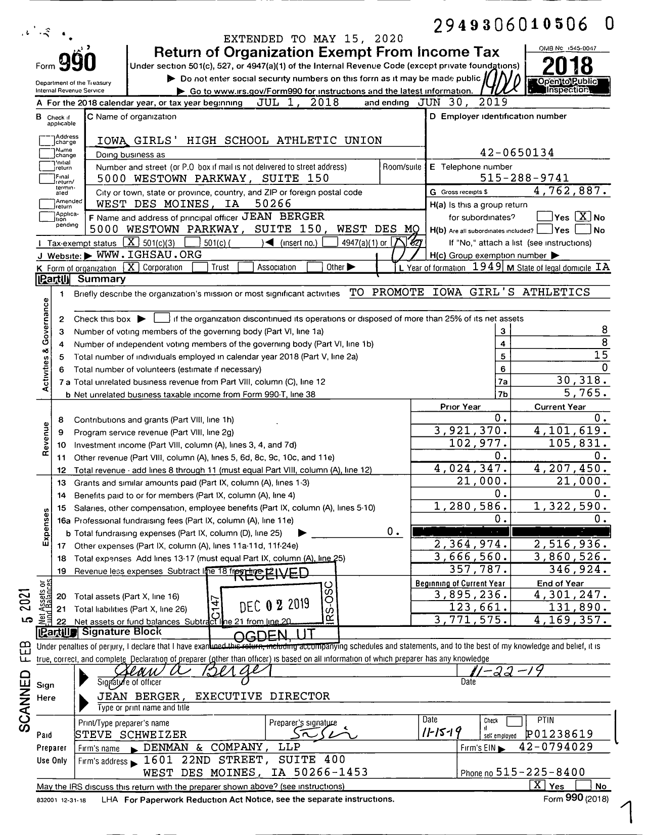 Image of first page of 2018 Form 990 for Iowa Girls' High School Athletic Union