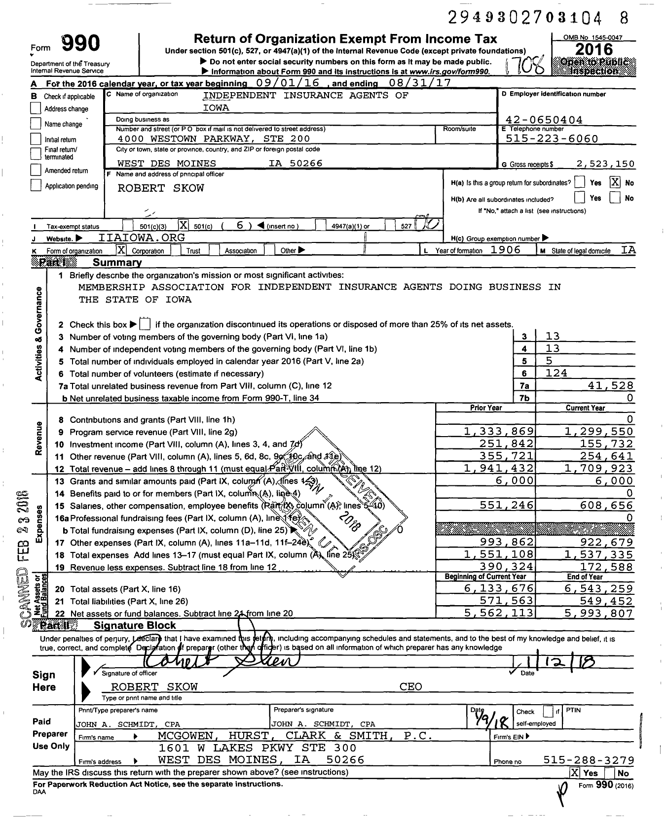 Image of first page of 2016 Form 990O for Independent Insurance Agents of Iowa (IIAI)