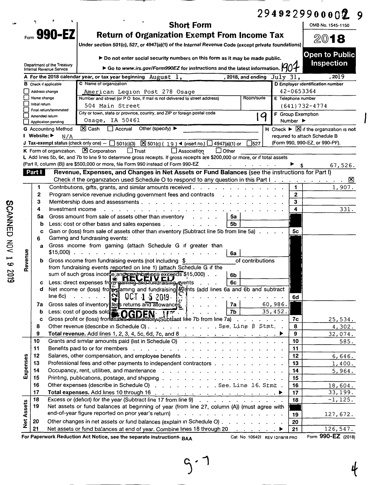 Image of first page of 2018 Form 990EO for American Legion - 0278 Osage Post