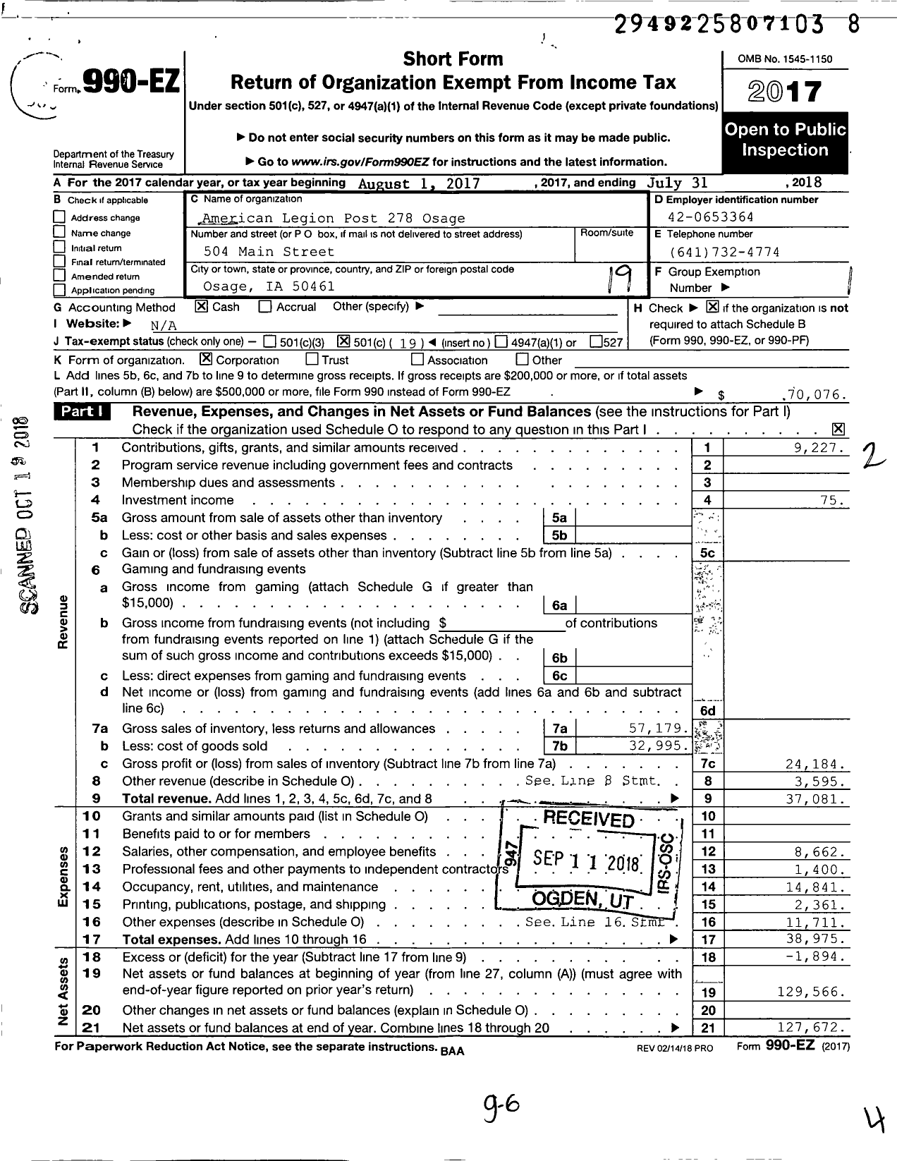 Image of first page of 2017 Form 990EO for American Legion - 0278 Osage Post