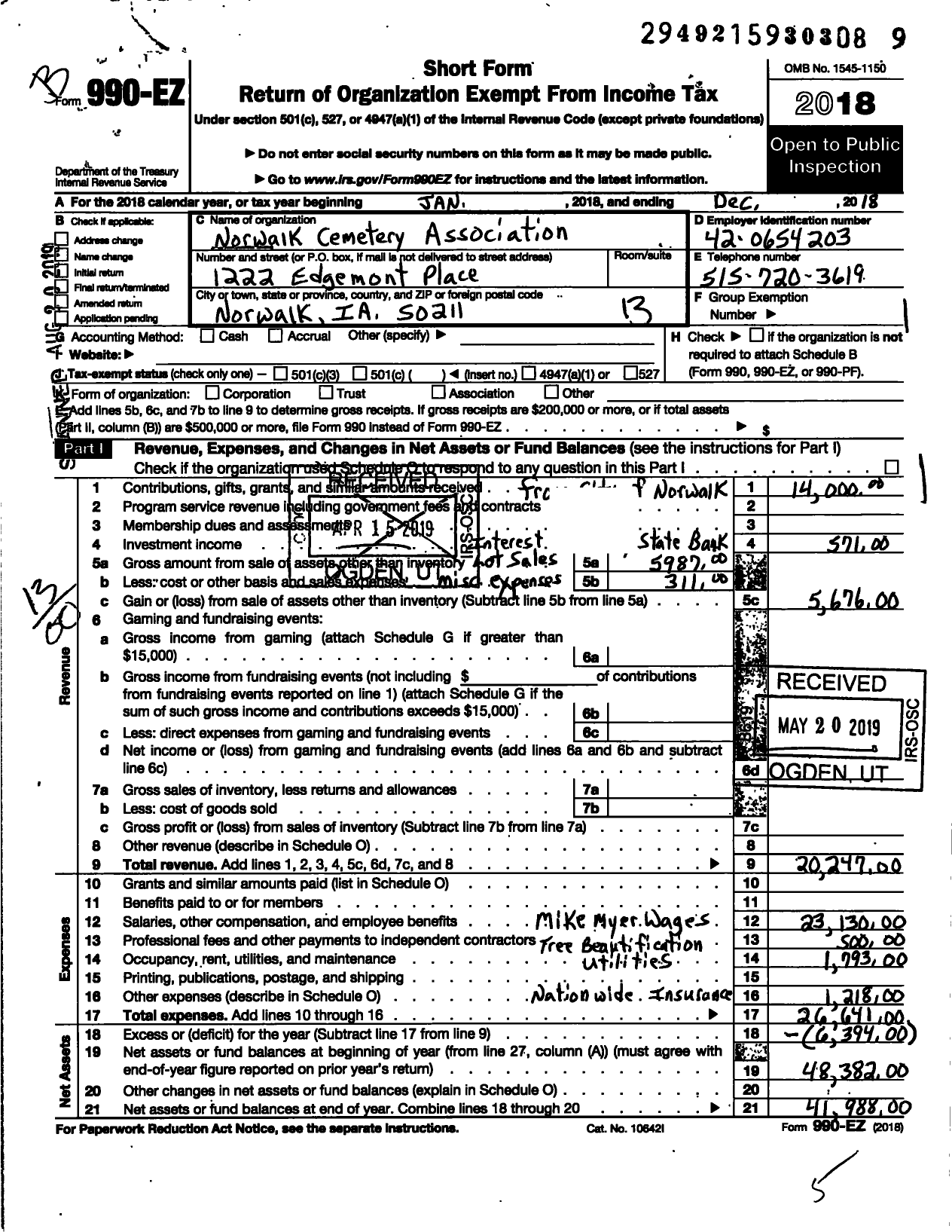 Image of first page of 2018 Form 990EO for Norwalk Cemetery Association