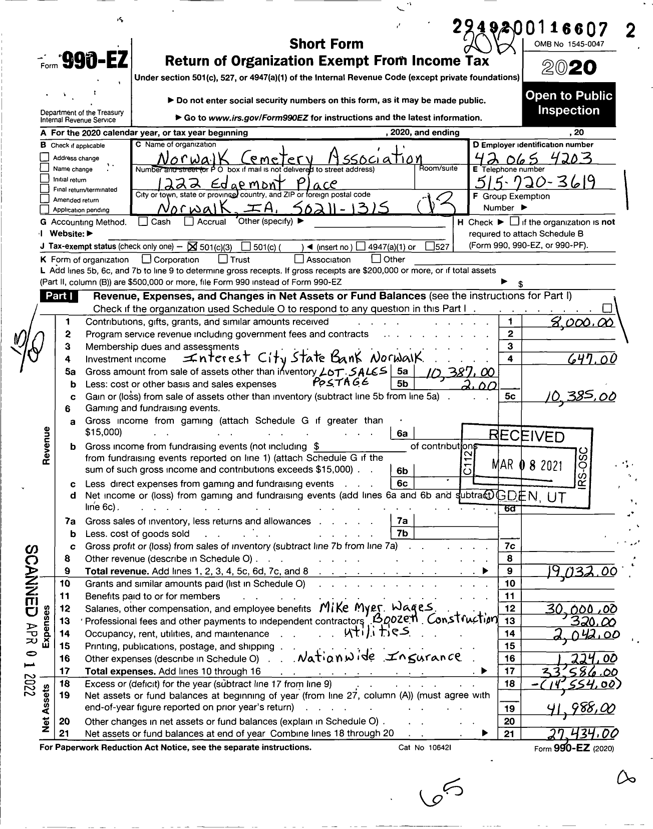 Image of first page of 2020 Form 990EO for Norwalk Cementary Association