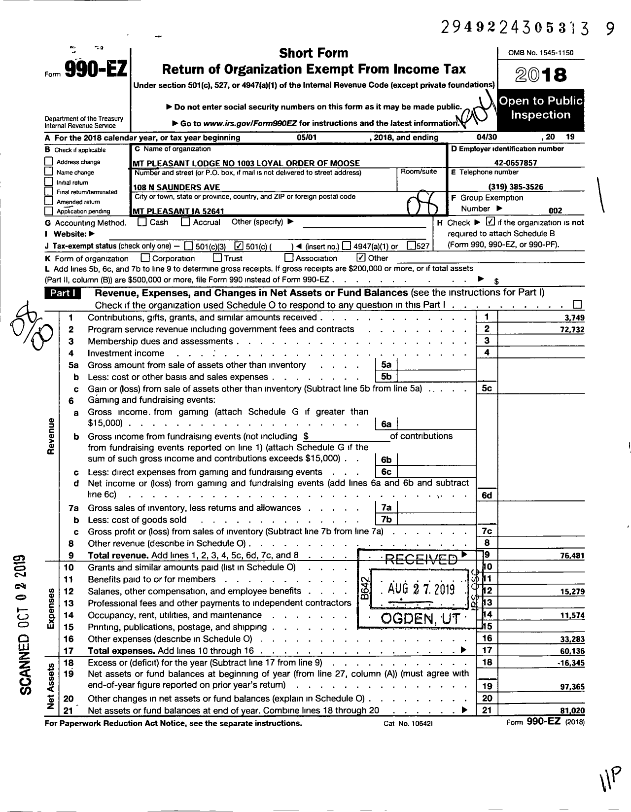 Image of first page of 2018 Form 990EO for Loyal Order of Moose - 1003