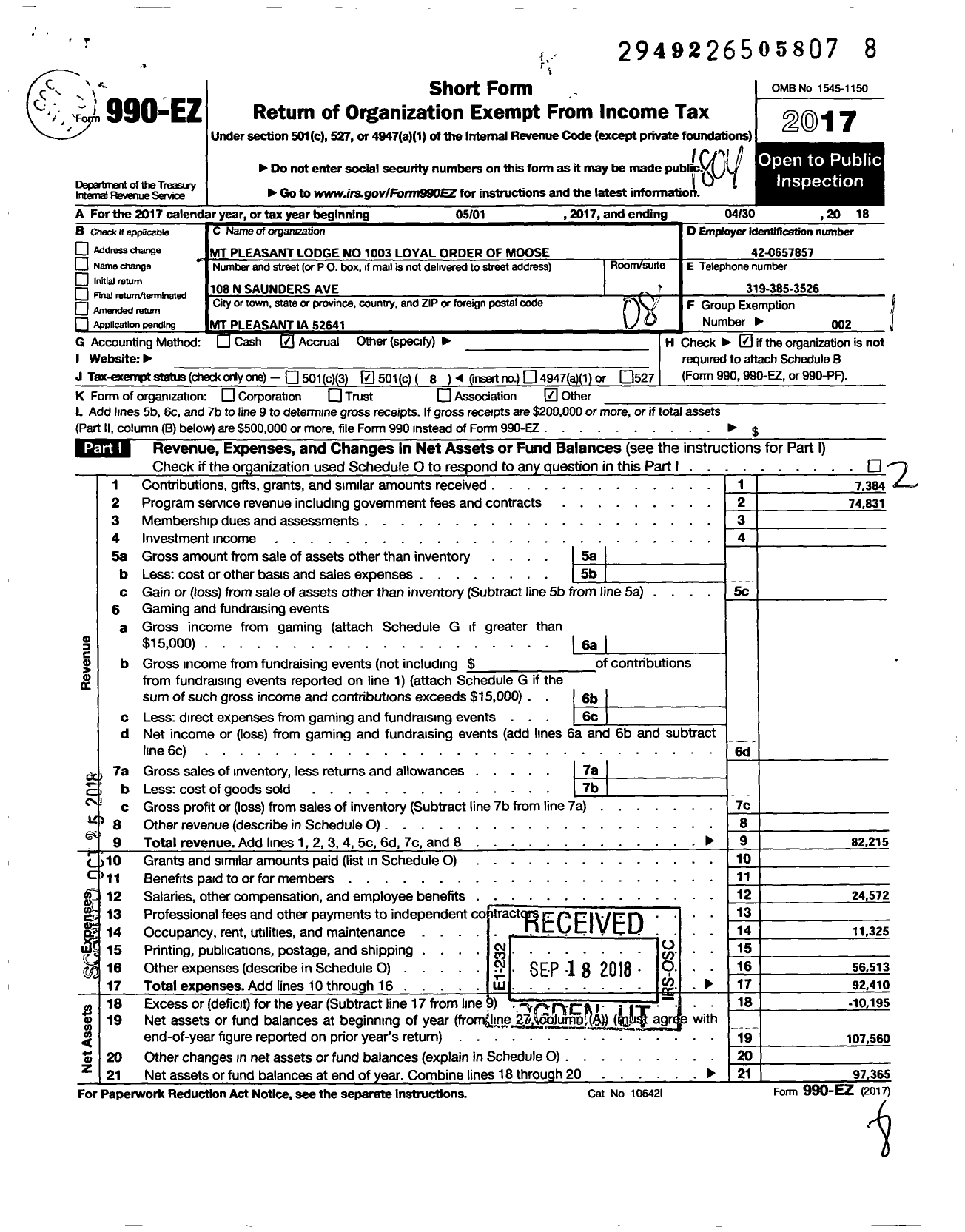 Image of first page of 2017 Form 990EO for Loyal Order of Moose - 1003