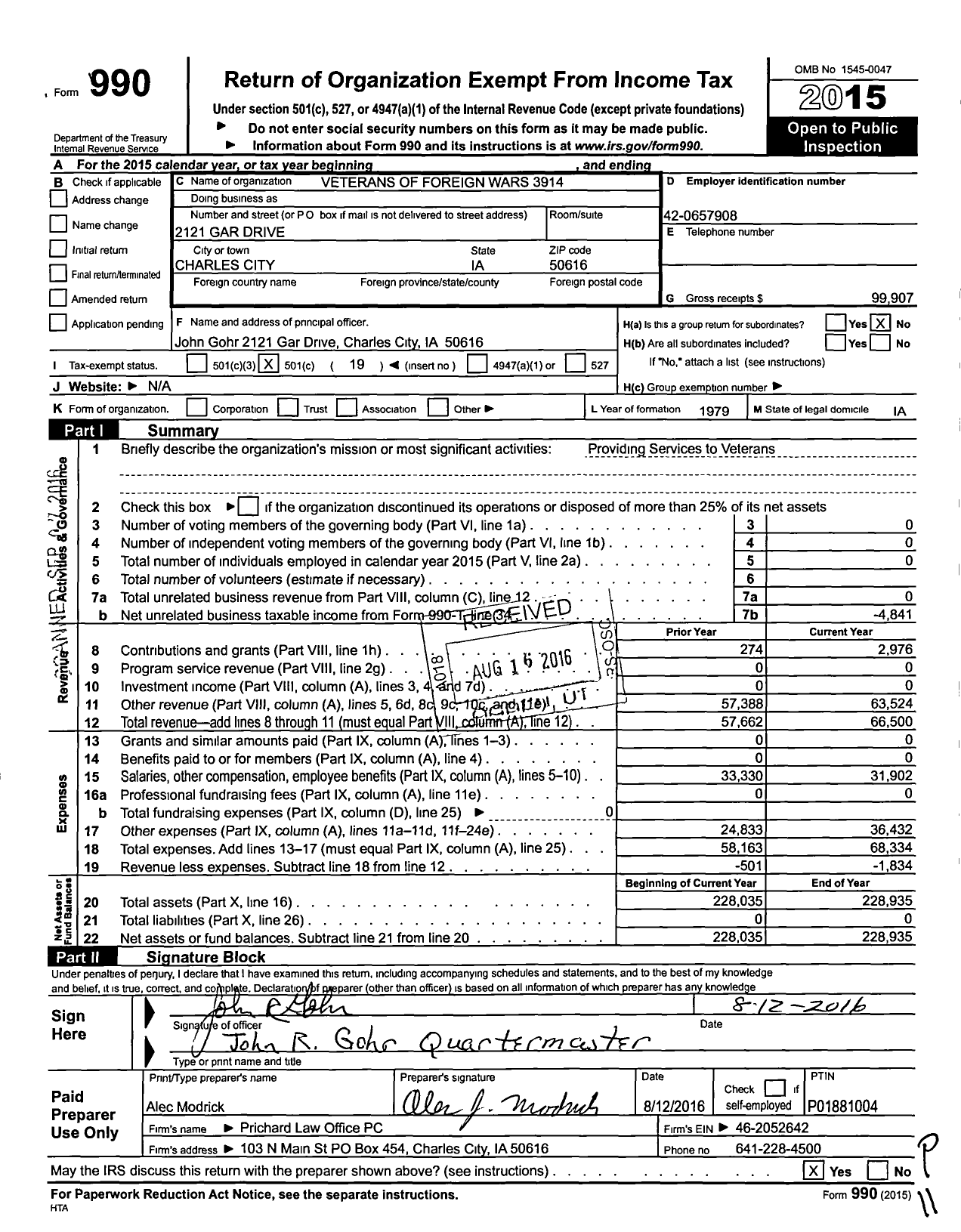 Image of first page of 2015 Form 990O for Veterans of Foreign Wars 3914 - Charles City VFW Post 3914