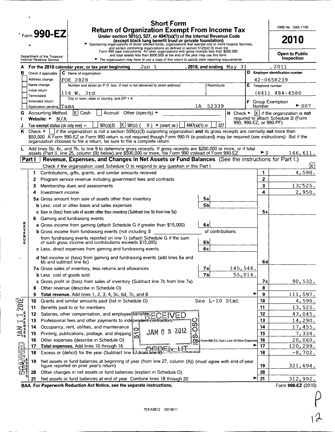 Image of first page of 2010 Form 990EO for Fraternal Order of Eagles 2828