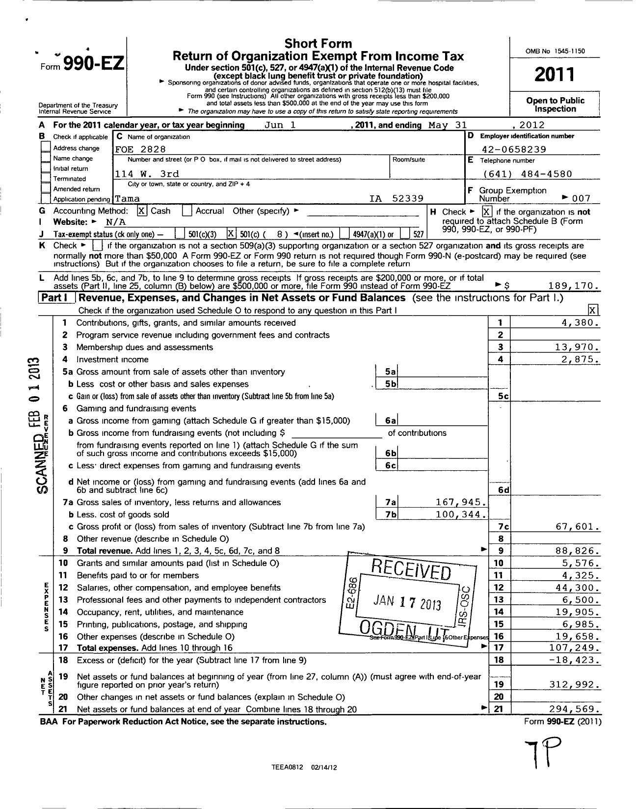 Image of first page of 2011 Form 990EO for Fraternal Order of Eagles 2828