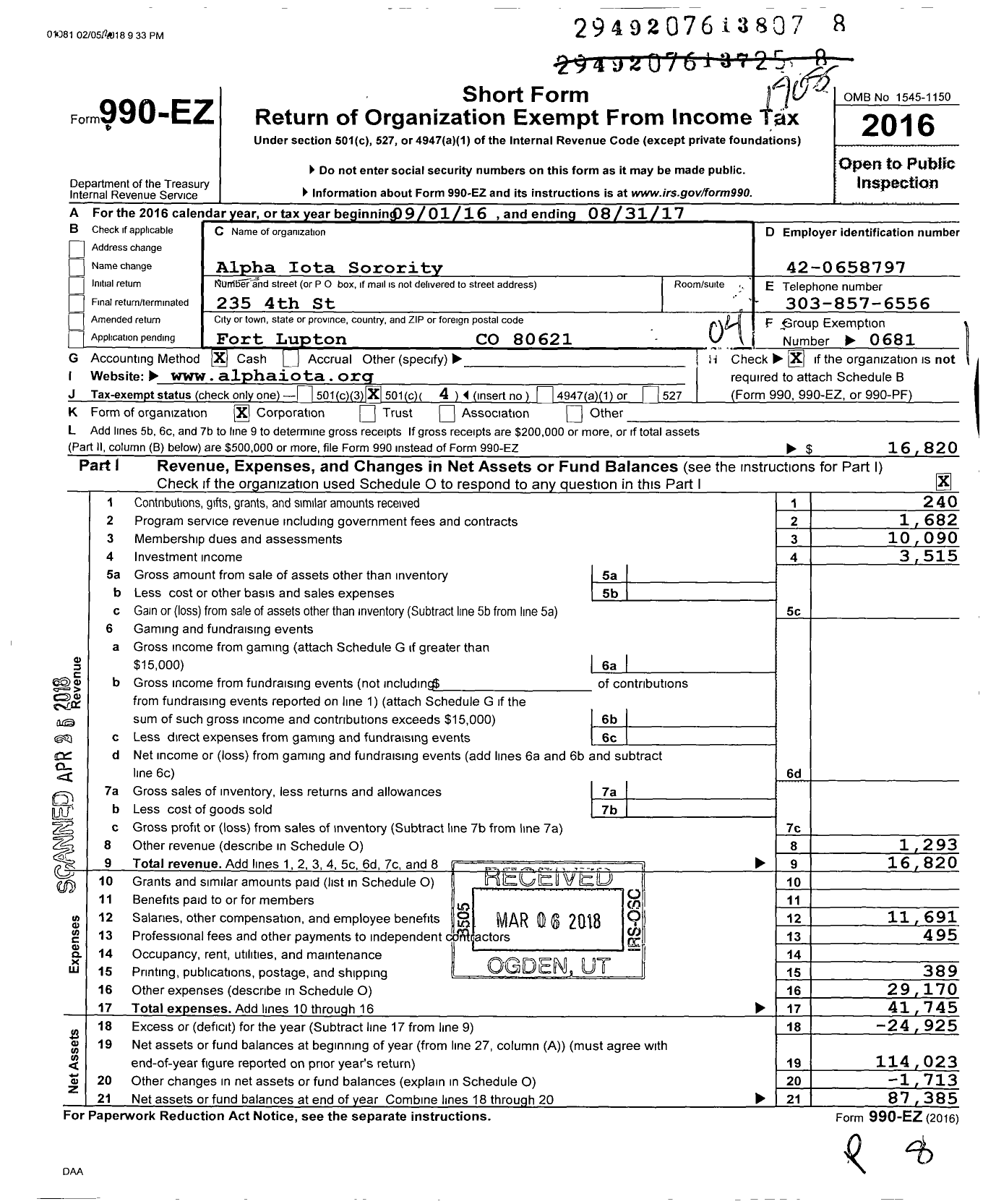 Image of first page of 2016 Form 990EO for Alpha Iota Sorority