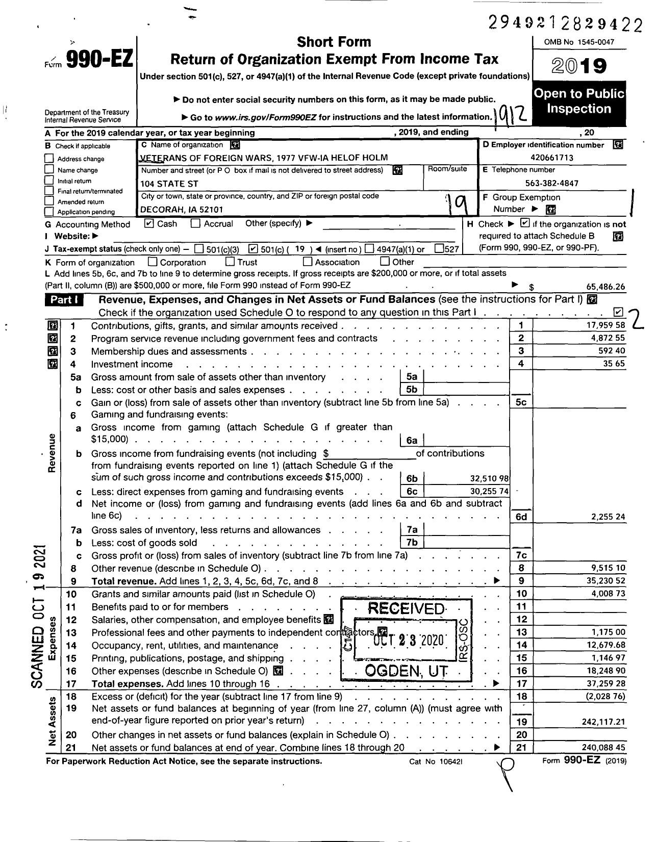 Image of first page of 2019 Form 990EO for Veterans of Foreign Wars of the United States Dept of Iowa - 1977 Vfw-Ia Helof Holm