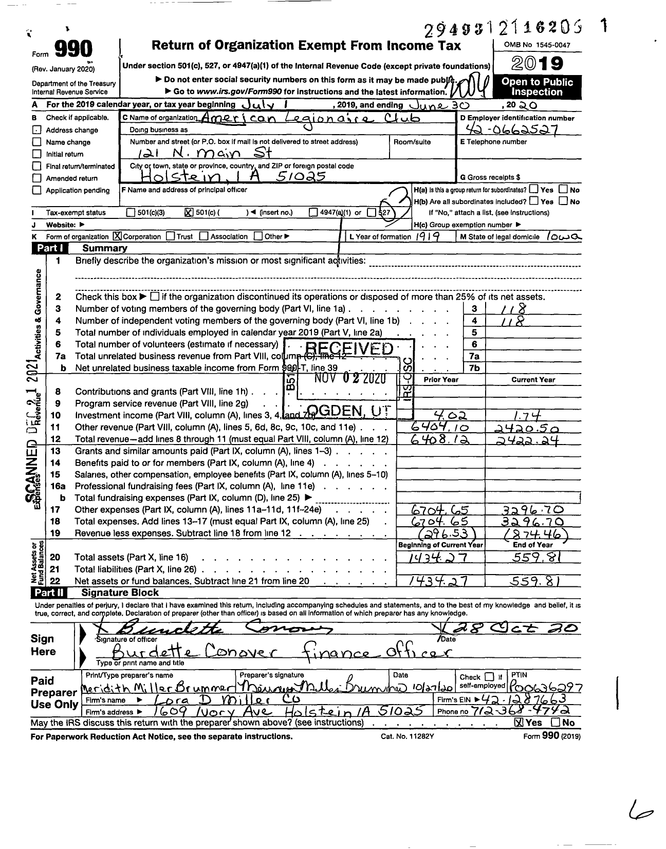 Image of first page of 2019 Form 990 for Legionaire Club of Holstein Iowa