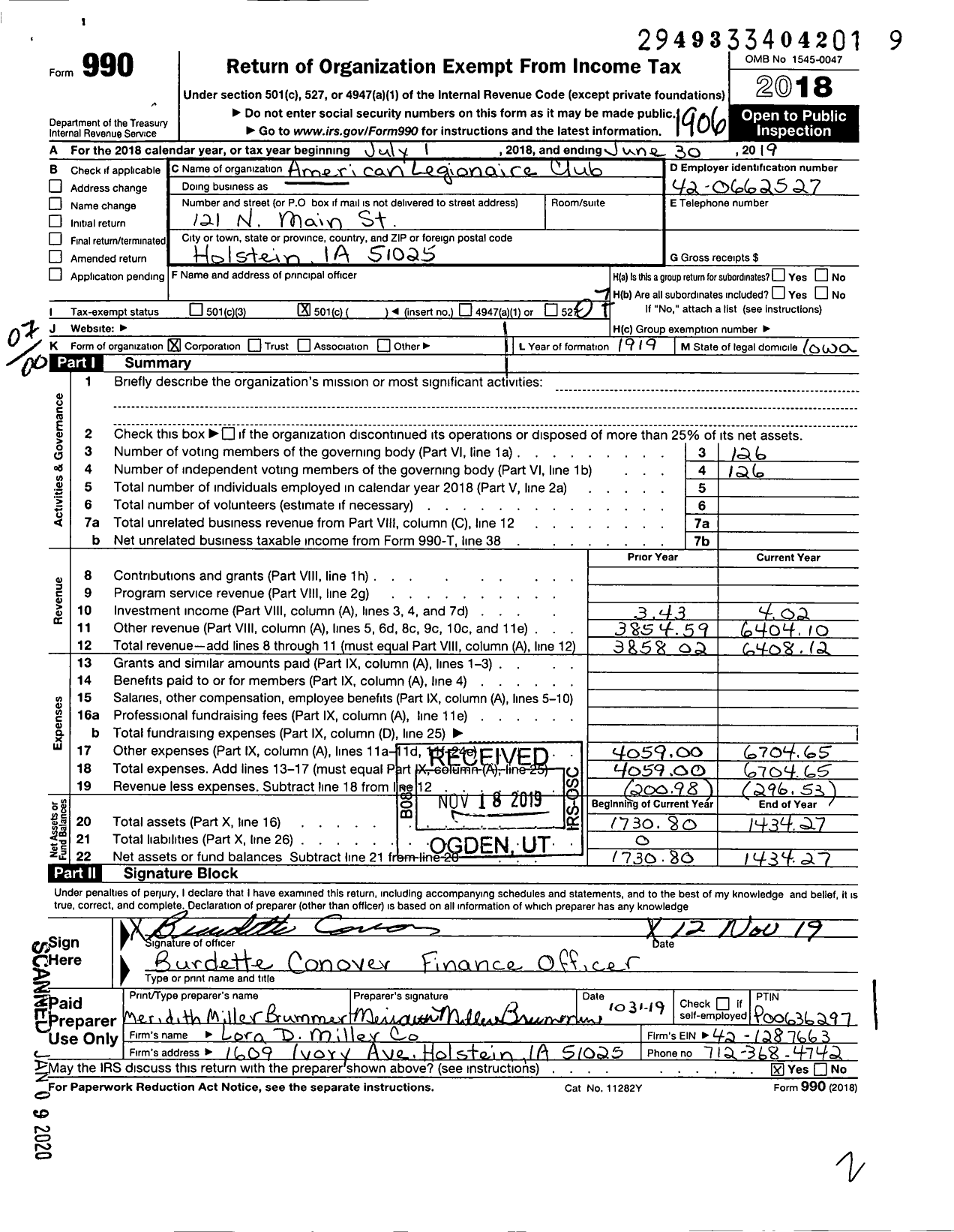 Image of first page of 2018 Form 990O for Legionaire Club of Holstein Iowa