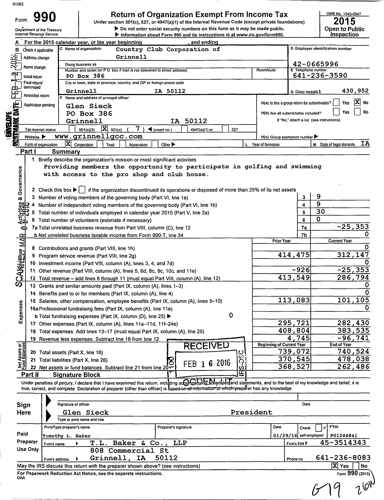 Image of first page of 2015 Form 990O for Country Club Corporation of Grinnell