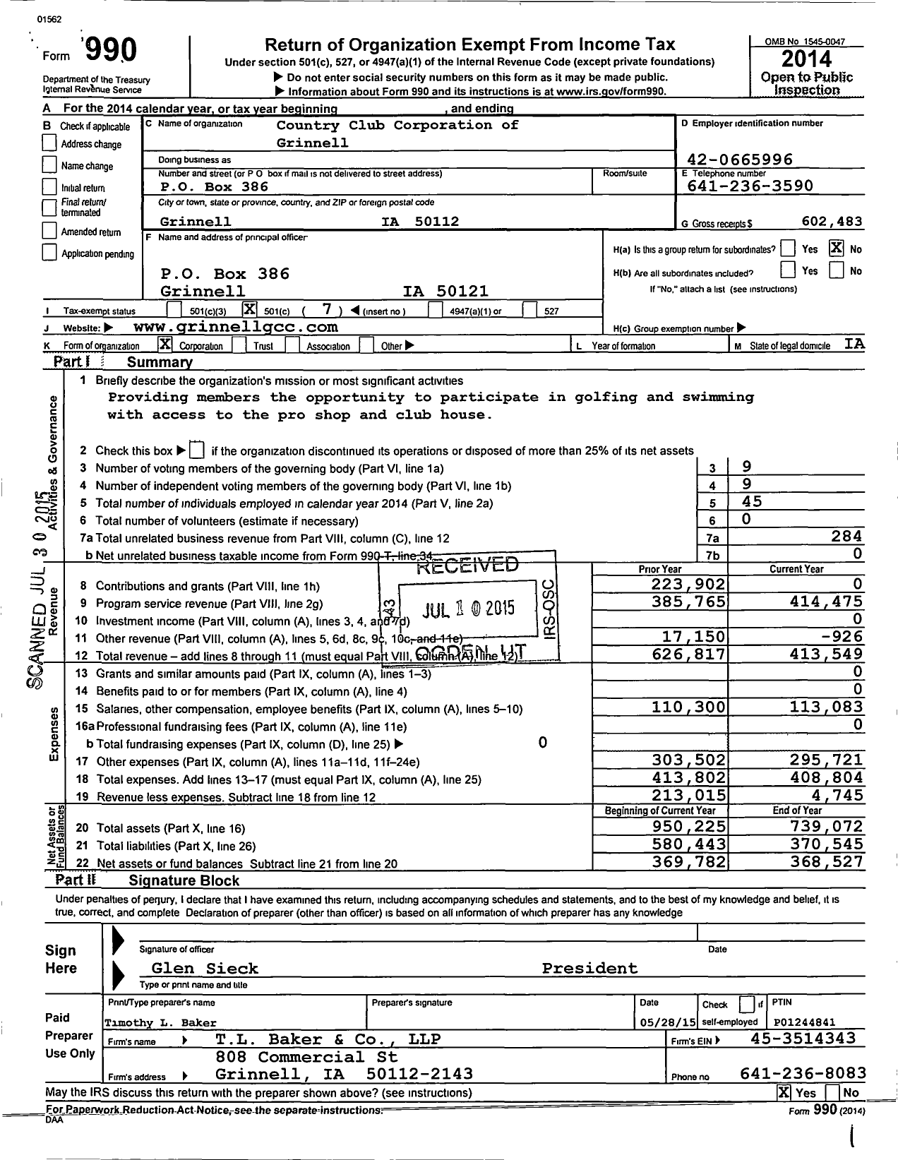 Image of first page of 2014 Form 990O for Country Club Corporation of Grinnell