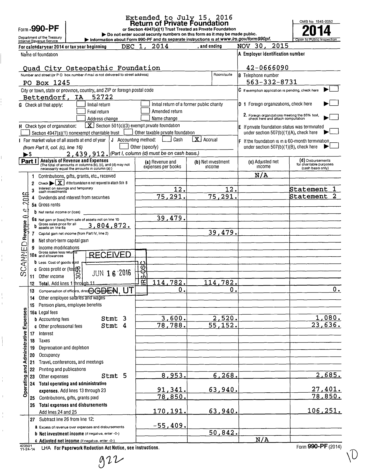 Image of first page of 2014 Form 990PF for Quad City Osteopathic Foundation