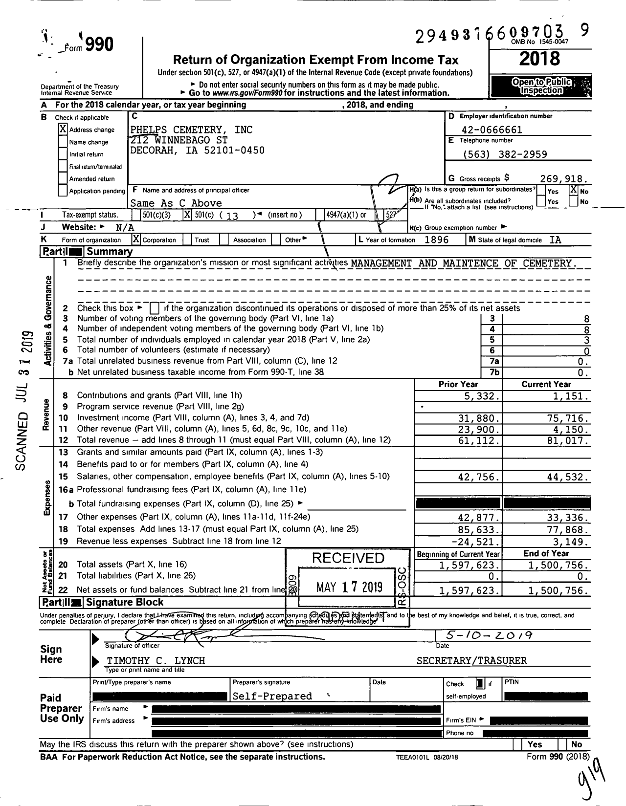 Image of first page of 2018 Form 990O for Phelps Cemetery