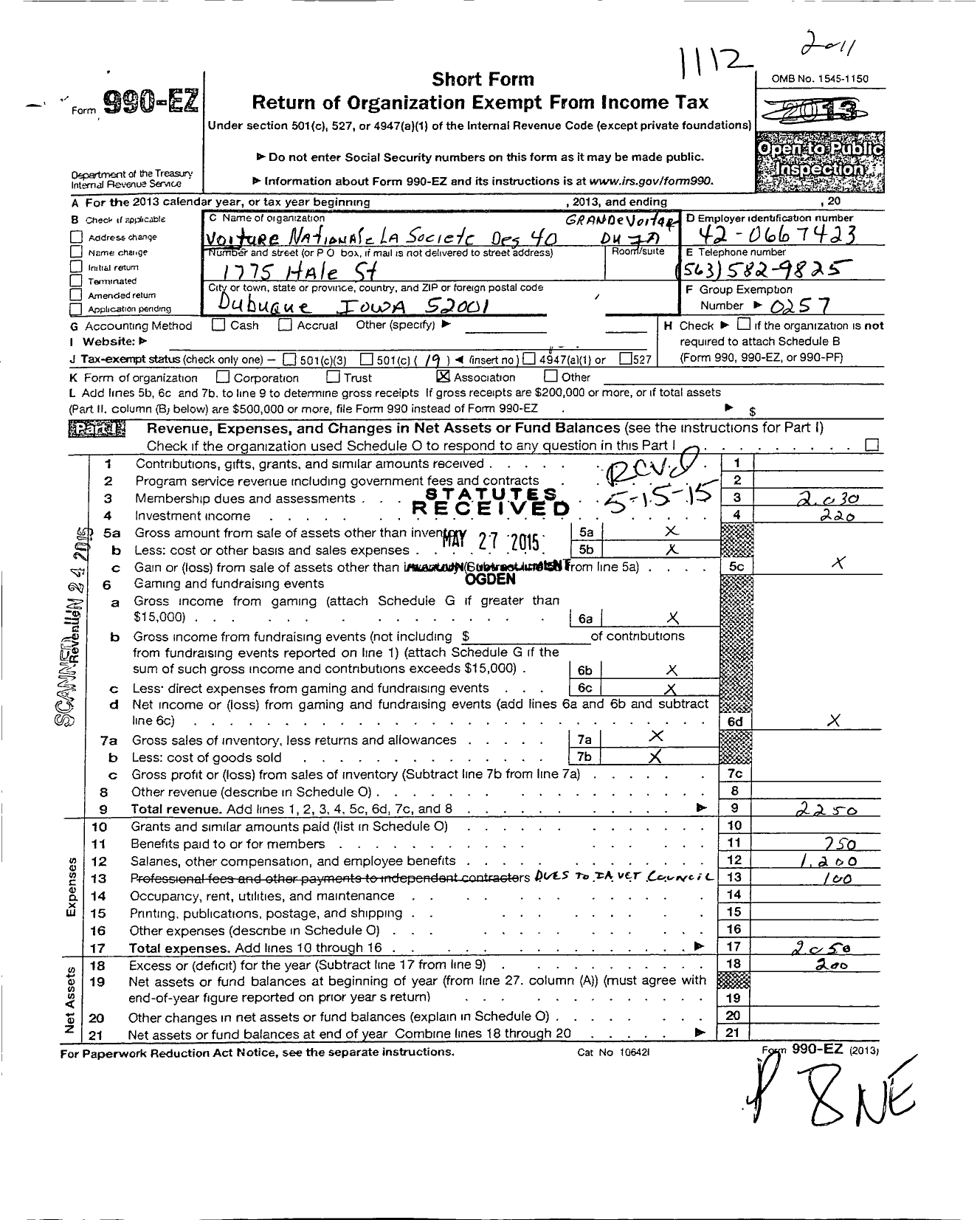 Image of first page of 2011 Form 990EO for The Forty and Eight - Grande Voiture Du Ia