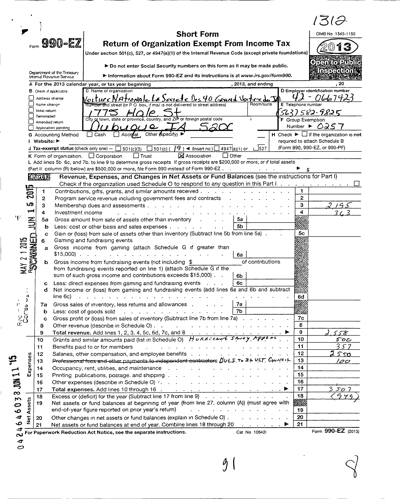 Image of first page of 2013 Form 990EO for The Forty and Eight - Grande Voiture Du Ia