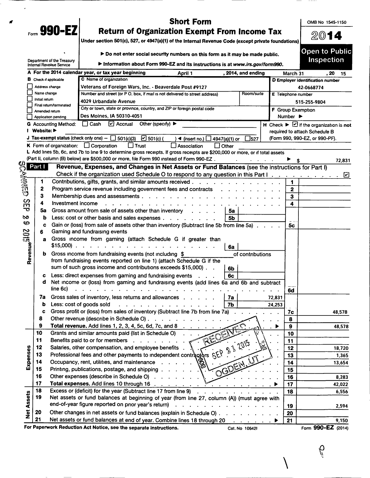 Image of first page of 2014 Form 990EO for Veterans of Foreign Wars / Beaverdale Club