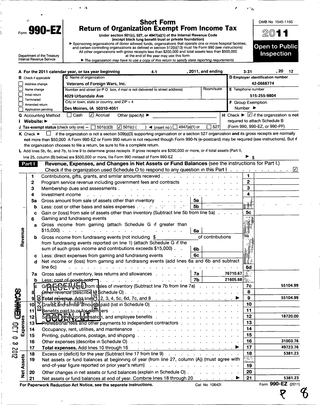 Image of first page of 2011 Form 990EO for Veterans of Foreign Wars / Beaverdale Club