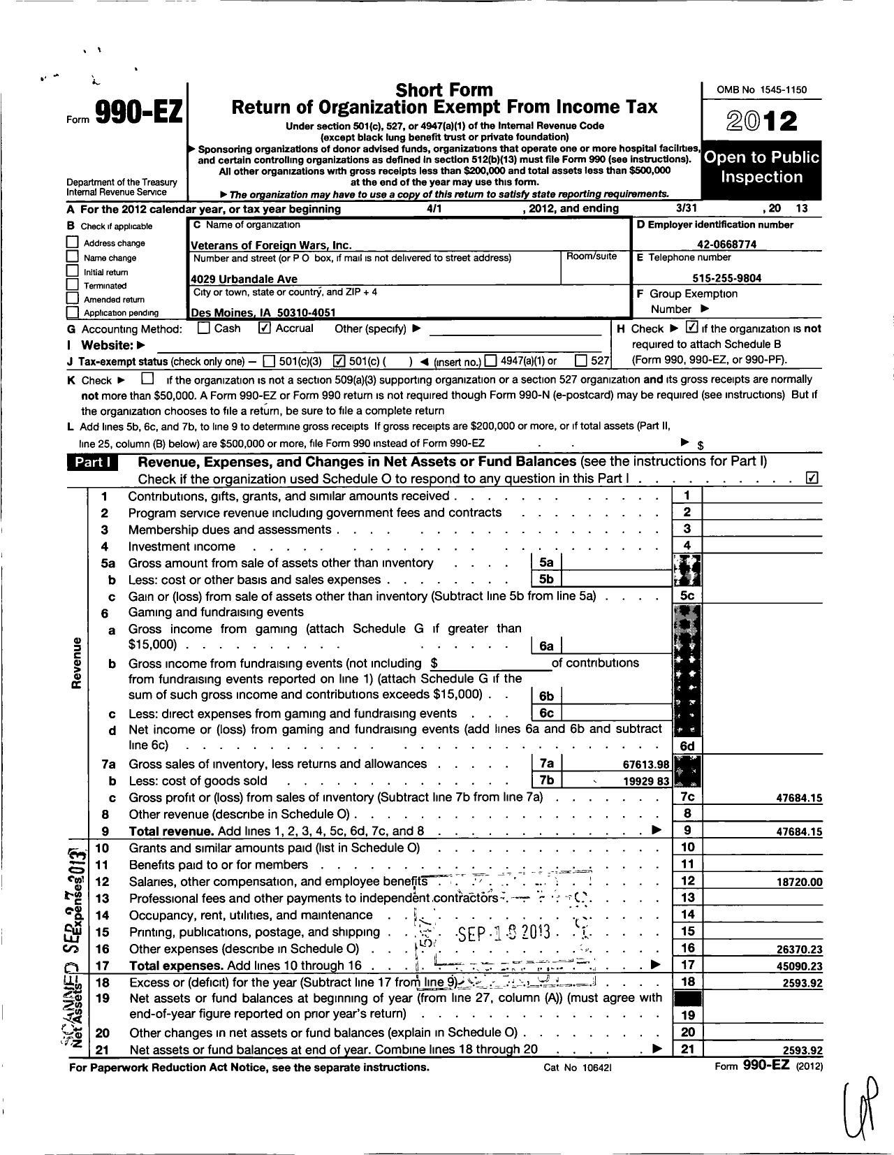 Image of first page of 2012 Form 990EO for Veterans of Foreign Wars / Beaverdale Club