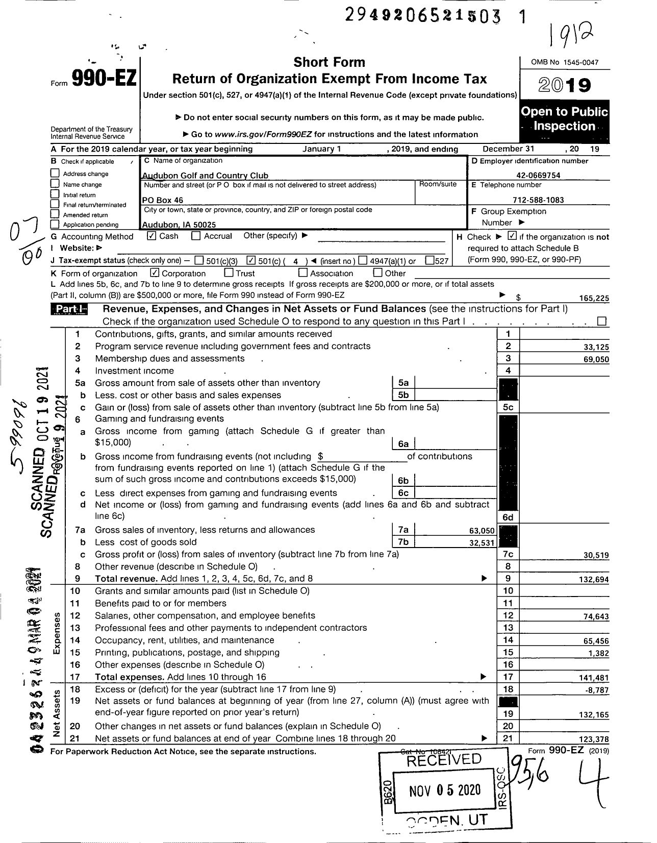 Image of first page of 2019 Form 990EO for Audubon Golf and Country Club