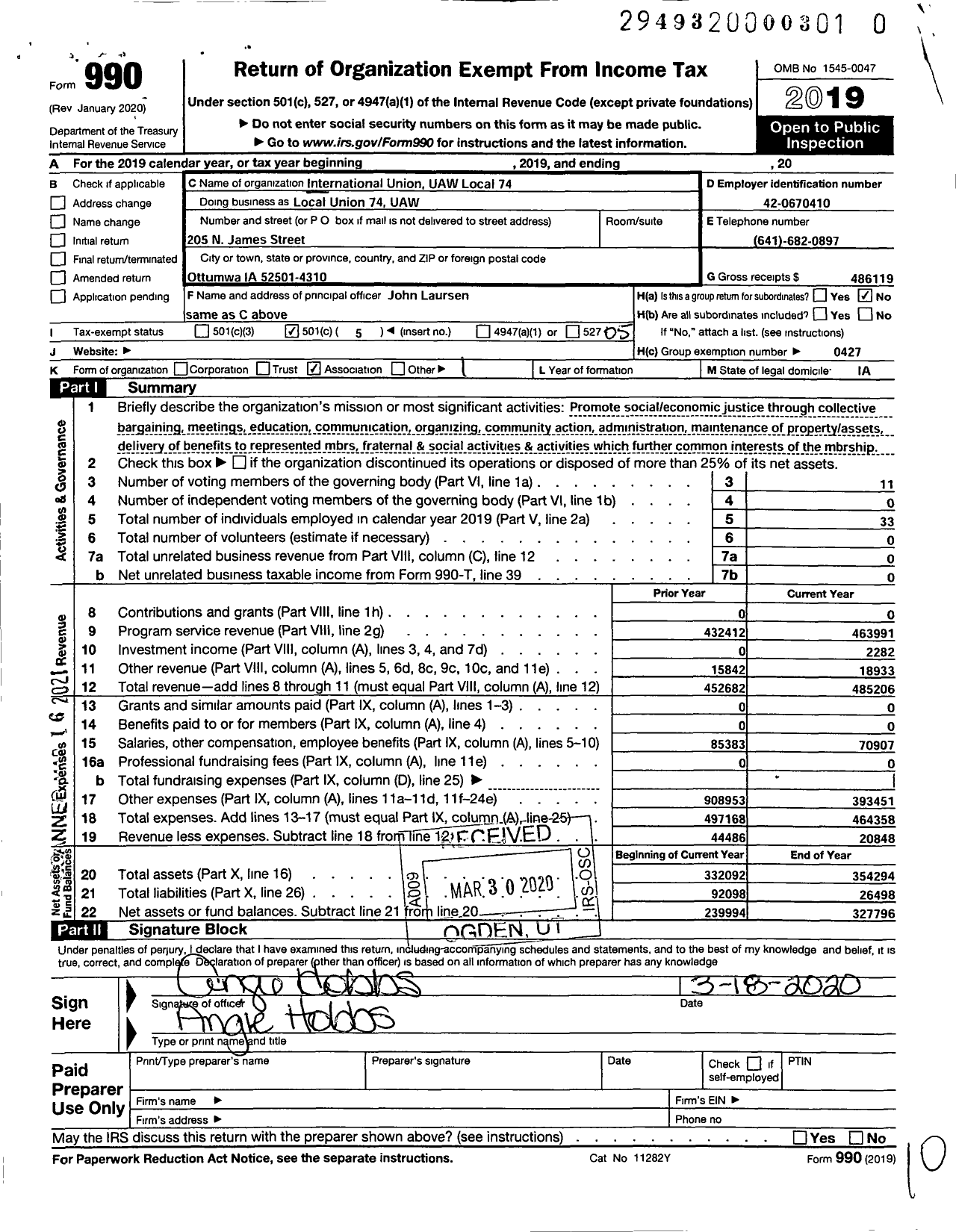 Image of first page of 2019 Form 990O for International Union UAW Local 74