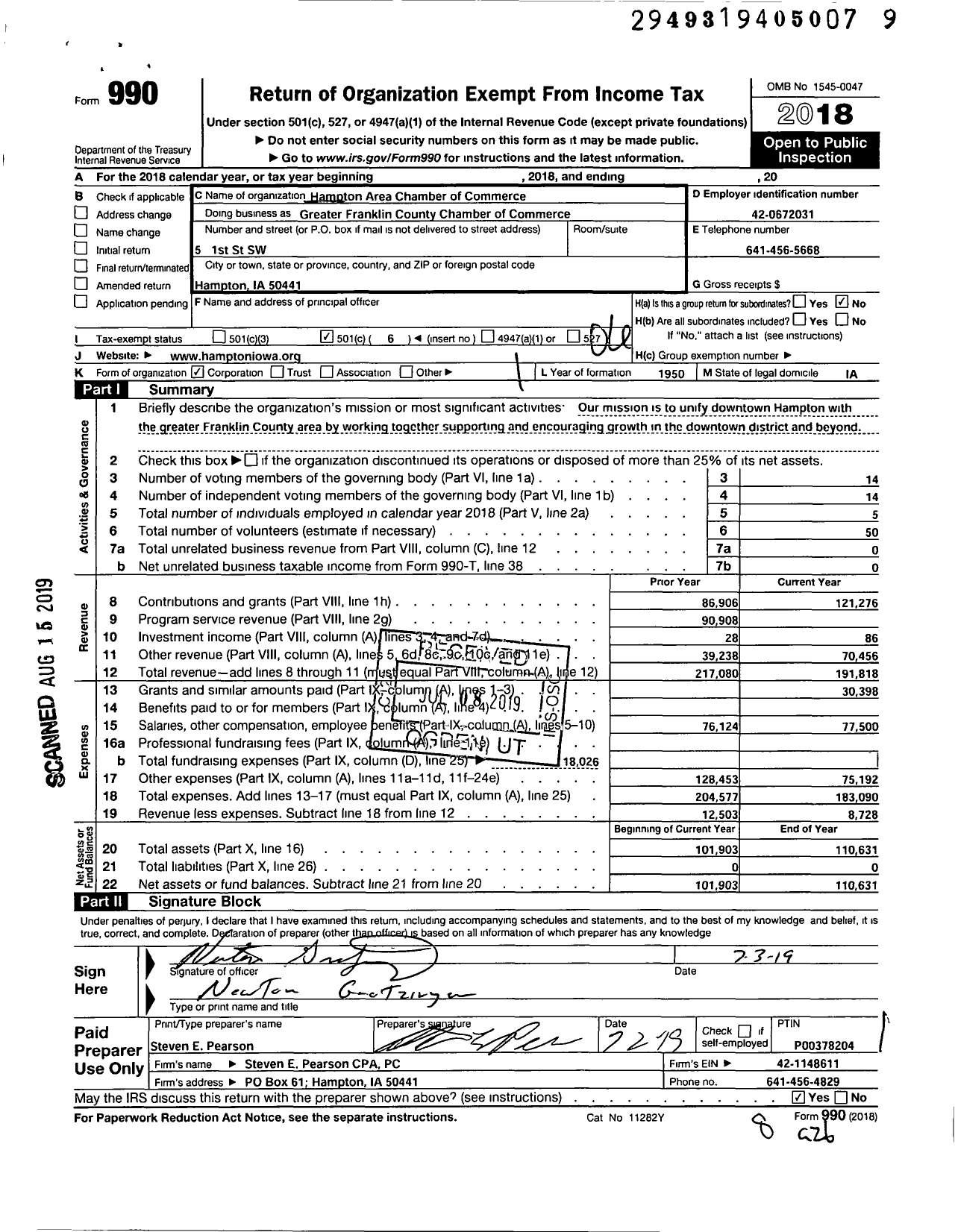 Image of first page of 2018 Form 990O for Greater Franklin County CHAMBER OF COMMERCE / Hampton Area Chamber of Commerce