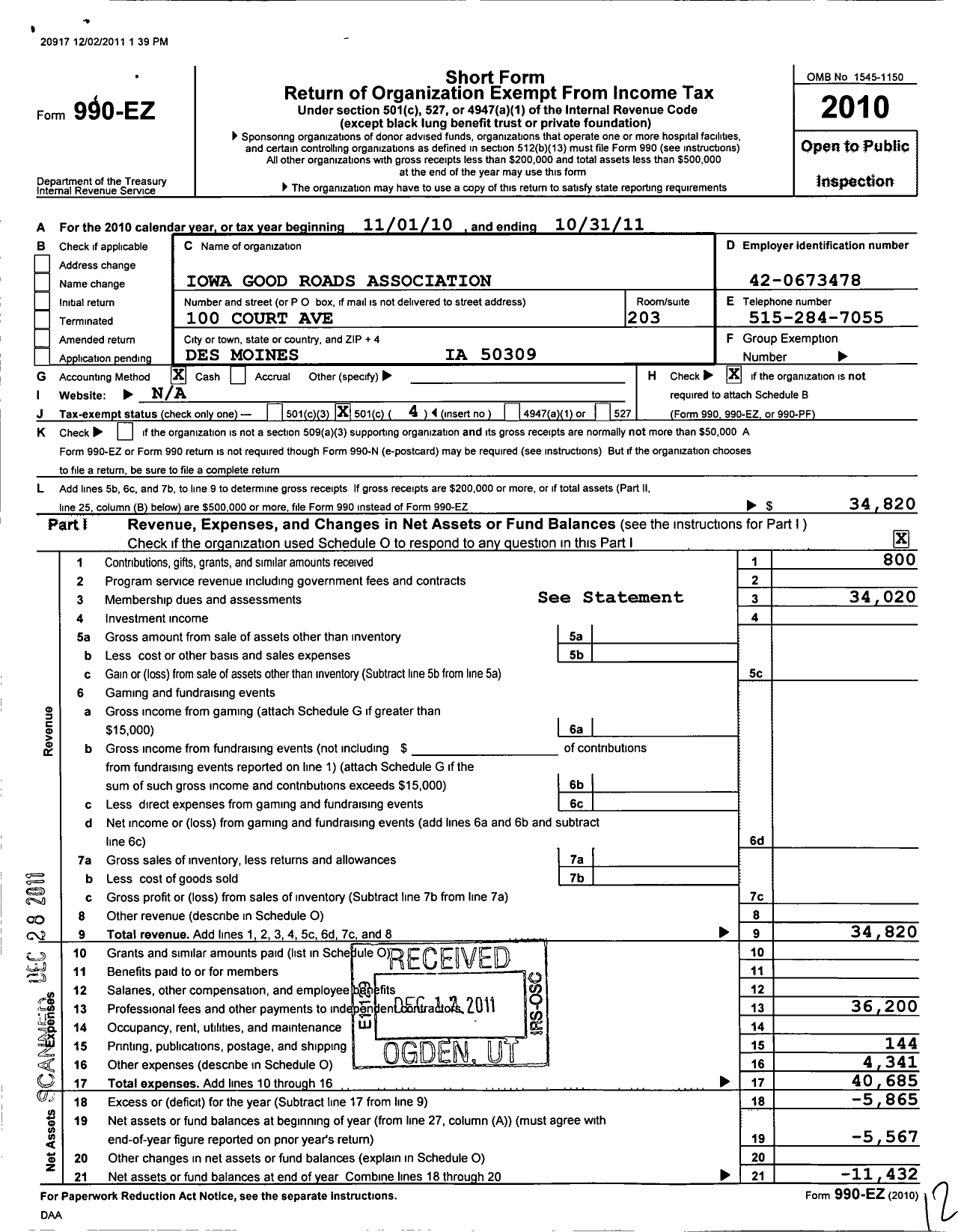 Image of first page of 2010 Form 990EO for Iowa Good Roads Association