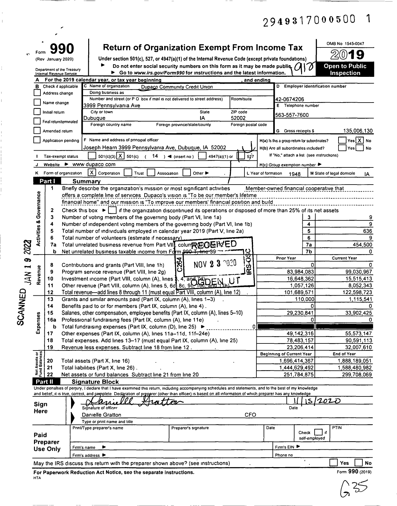 Image of first page of 2019 Form 990O for Dupaco Community Credit Union